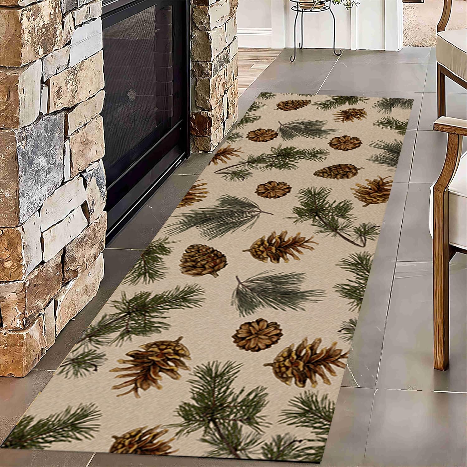 PDENZG Rustic Cabin Runner Rug,2.6x10ft,Pine Cone Hallway Runner Rugs,Soft Washable Woodland Botanical Print Runner Rug,Cabin Decor Farmhouse Rugs,for