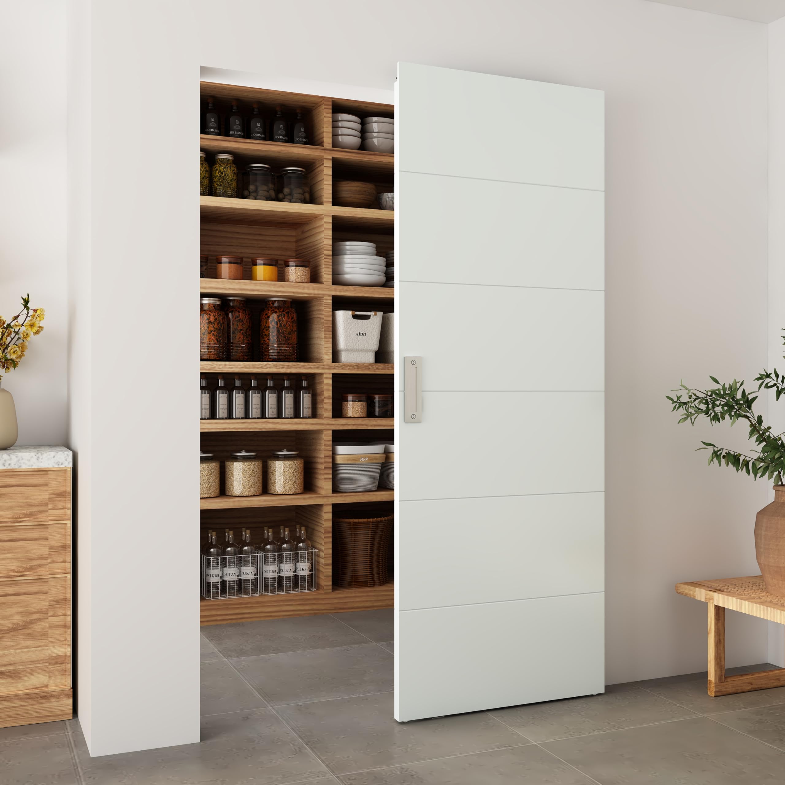 barnsmith 32"x86" concealed sliding barn door with horizontal groove, 6 panel white hidden barn door, waterproof vinyl wrapped, fits opening width 24"-28", widely used