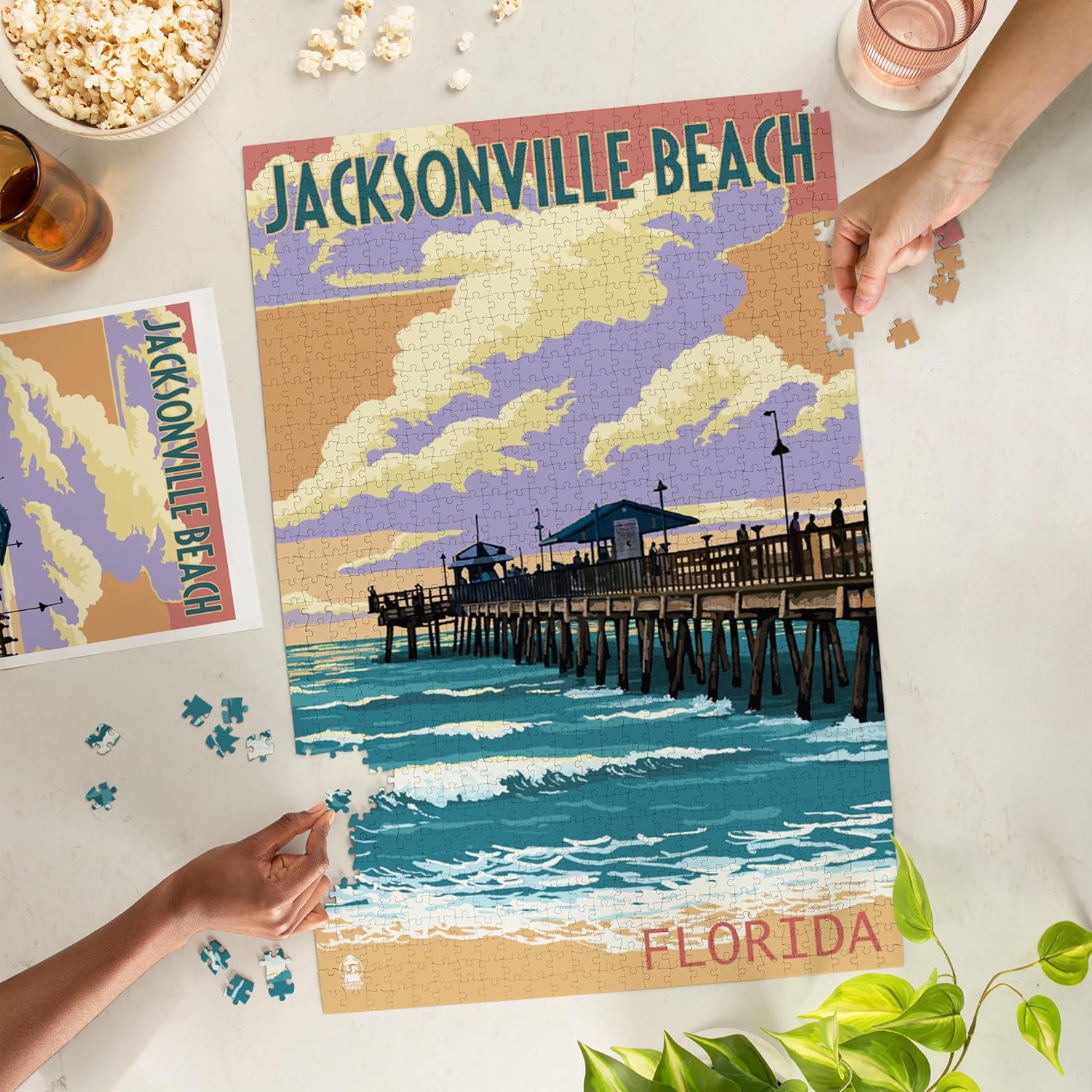 Lantern Press Jacksonville Beach, Florida, Pier and Sunset 1000 Piece Jigsaw Puzzle for Adults, Made in USA with Reference Poster