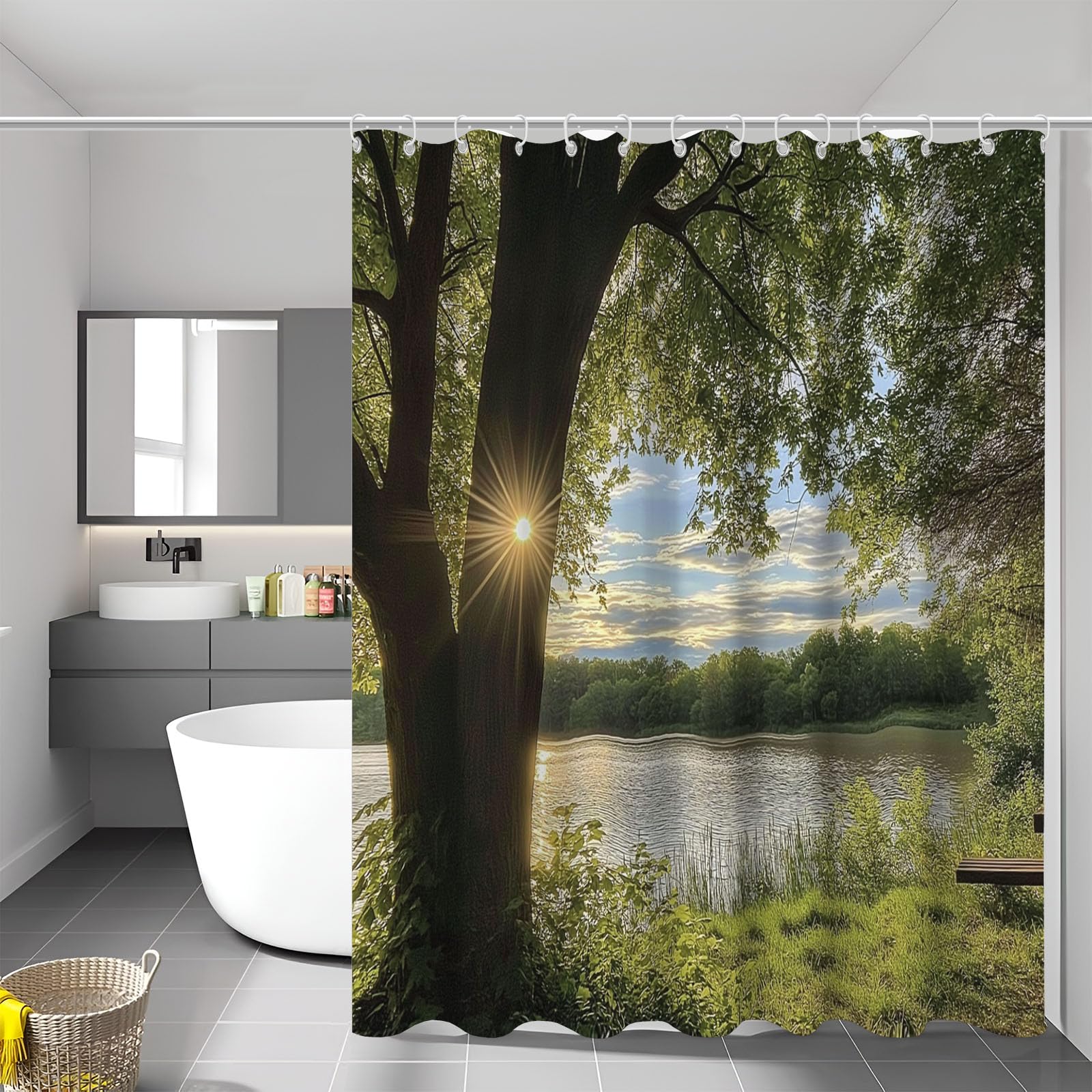 Rideau de douche 240x200 cm en tissu imperméable motif berge et herbe