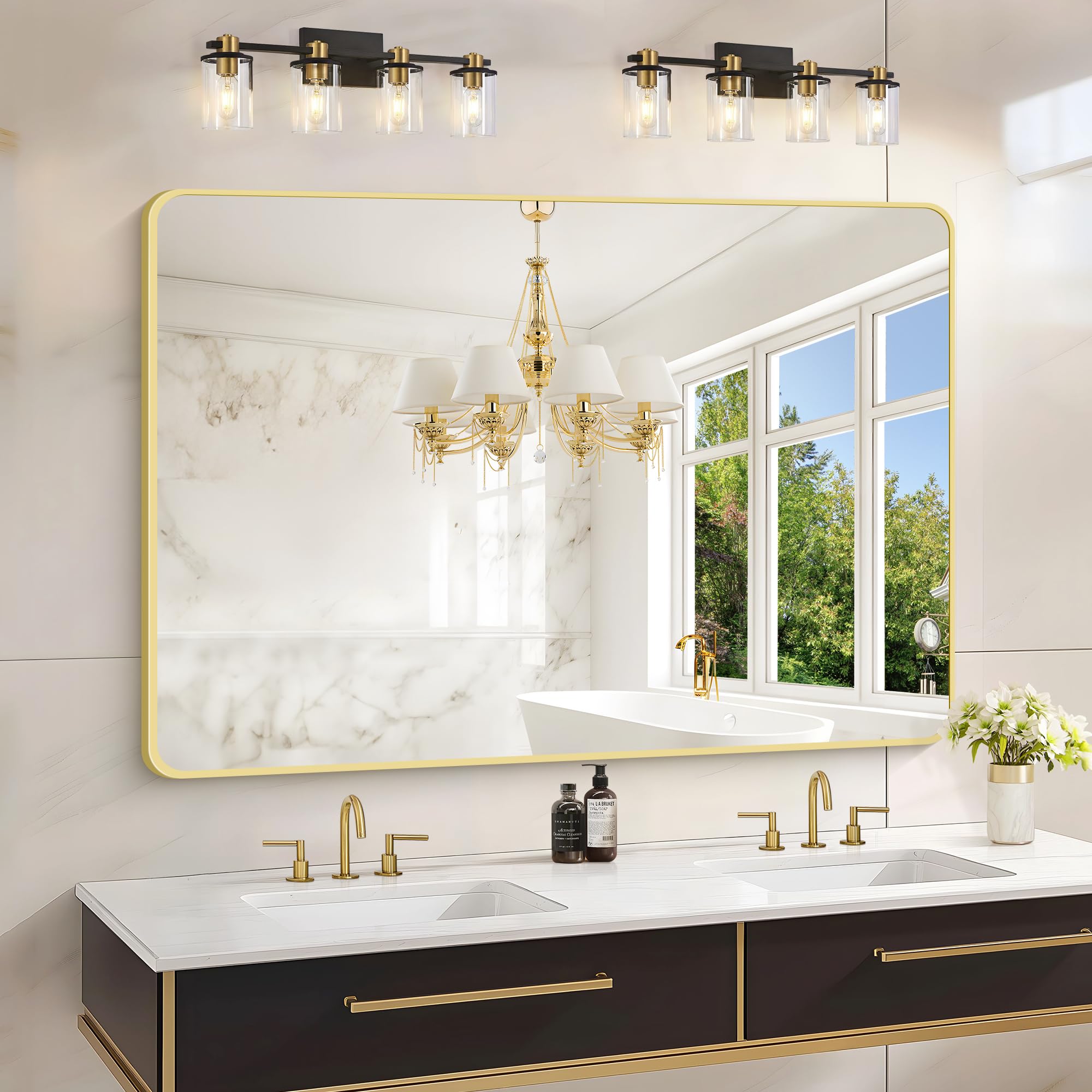 36"x48" Bathroom Mirror, Gold Rectangle Mirror, Large Rectangular Wall Mirror, Rounded Corner Vanity Mirror with Aluminum Metal Frame for Bathroom Bedroom Living Room Horizontal/Vertical
