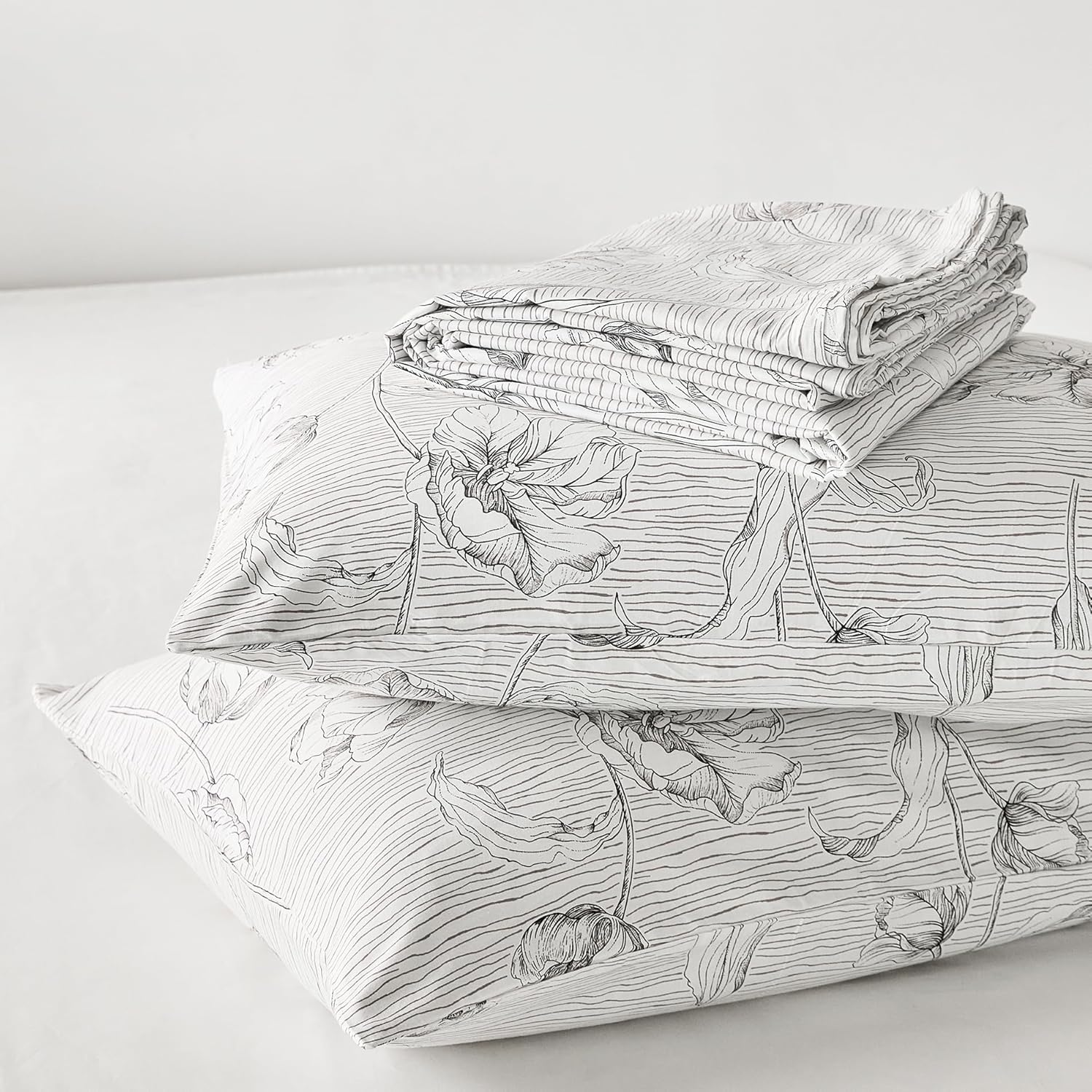 YuHeGuoJi Sketch Botanical Duvet Cover Queen 100% Cotton 3 Pcs Set 1 Black White Floral Duvet Cover with Zipper Ties 2 Pillowcases Farmhouse Graffiti Cartoon Flower Bedding Set Soft