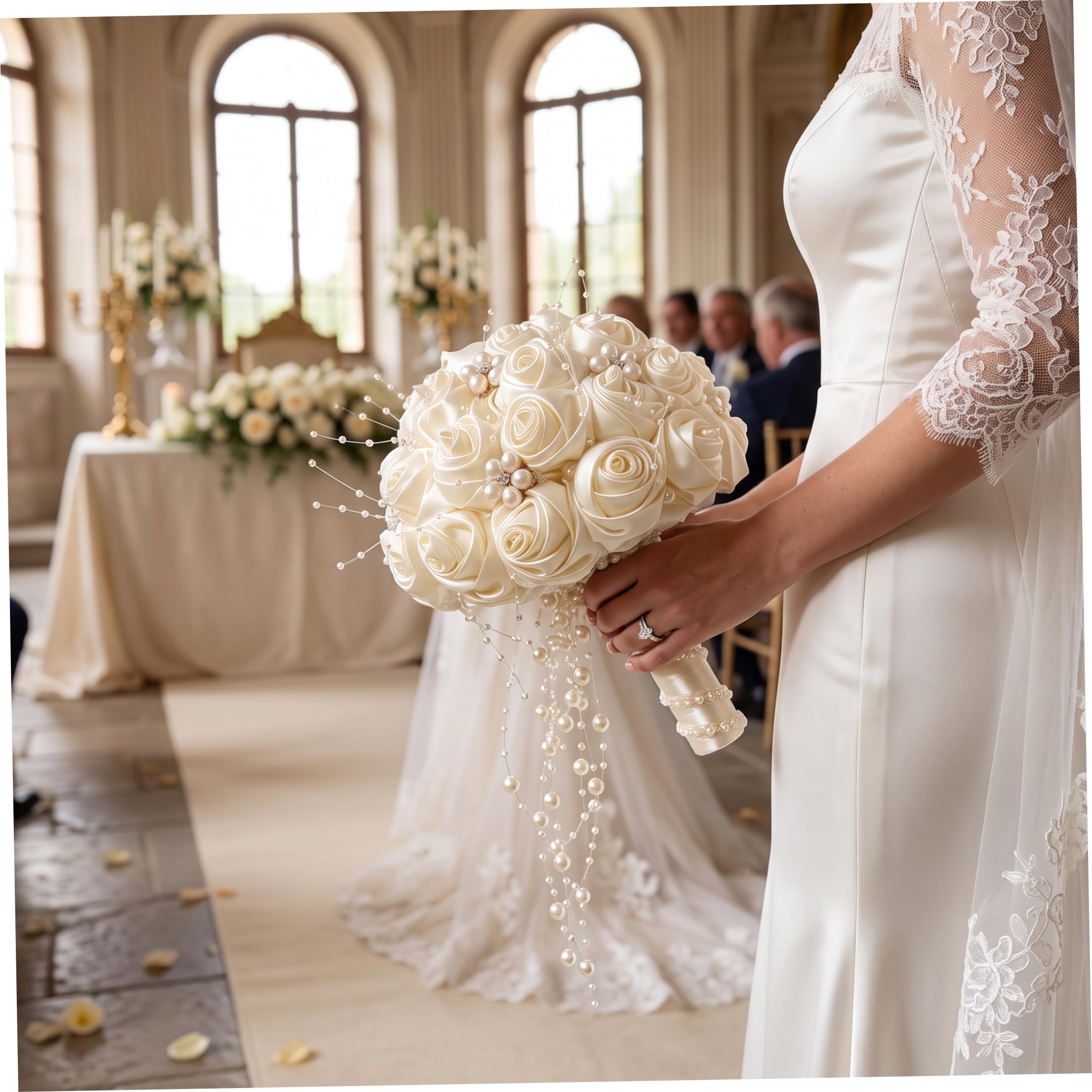 Bouquet da sposa per matrimonio, bouquet da sposa con rose accentate con perline e perle