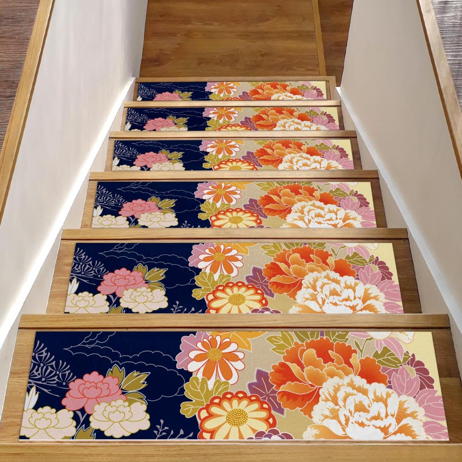 Peldaños de escalera de madera con patrón japonés tradicional, alfombrillas antideslizantes de 15 uds