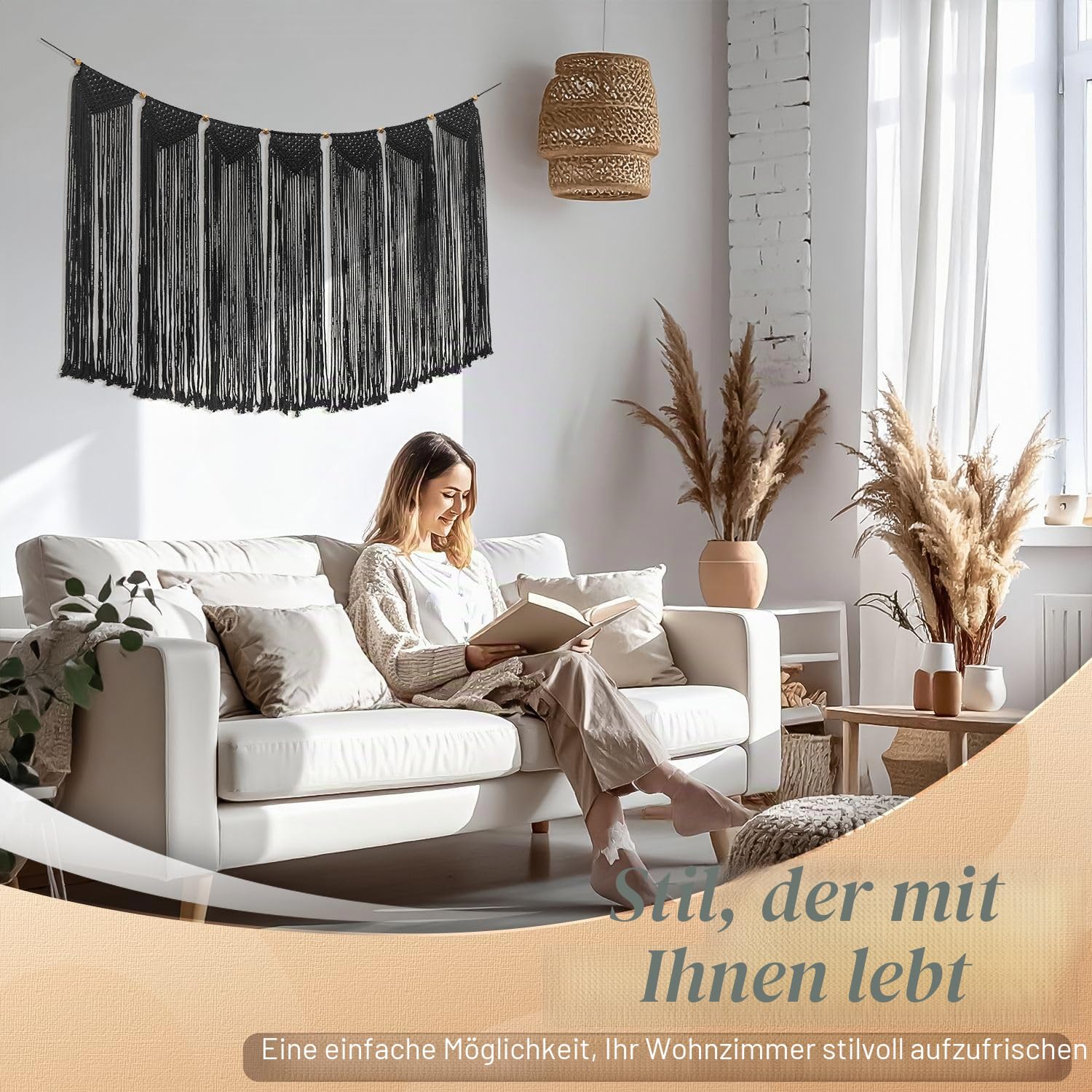 Flexzion Makramee Wandbehang 120 x 72 cm, Woven Wanddeko Boho Deko Wandteppich Vorhang Baumwolle Gewebte, Große Böhmische Tapisserie Wohndekorationen für Hochzeit Schlafzimmer Wohnzimmer - Schwarz|