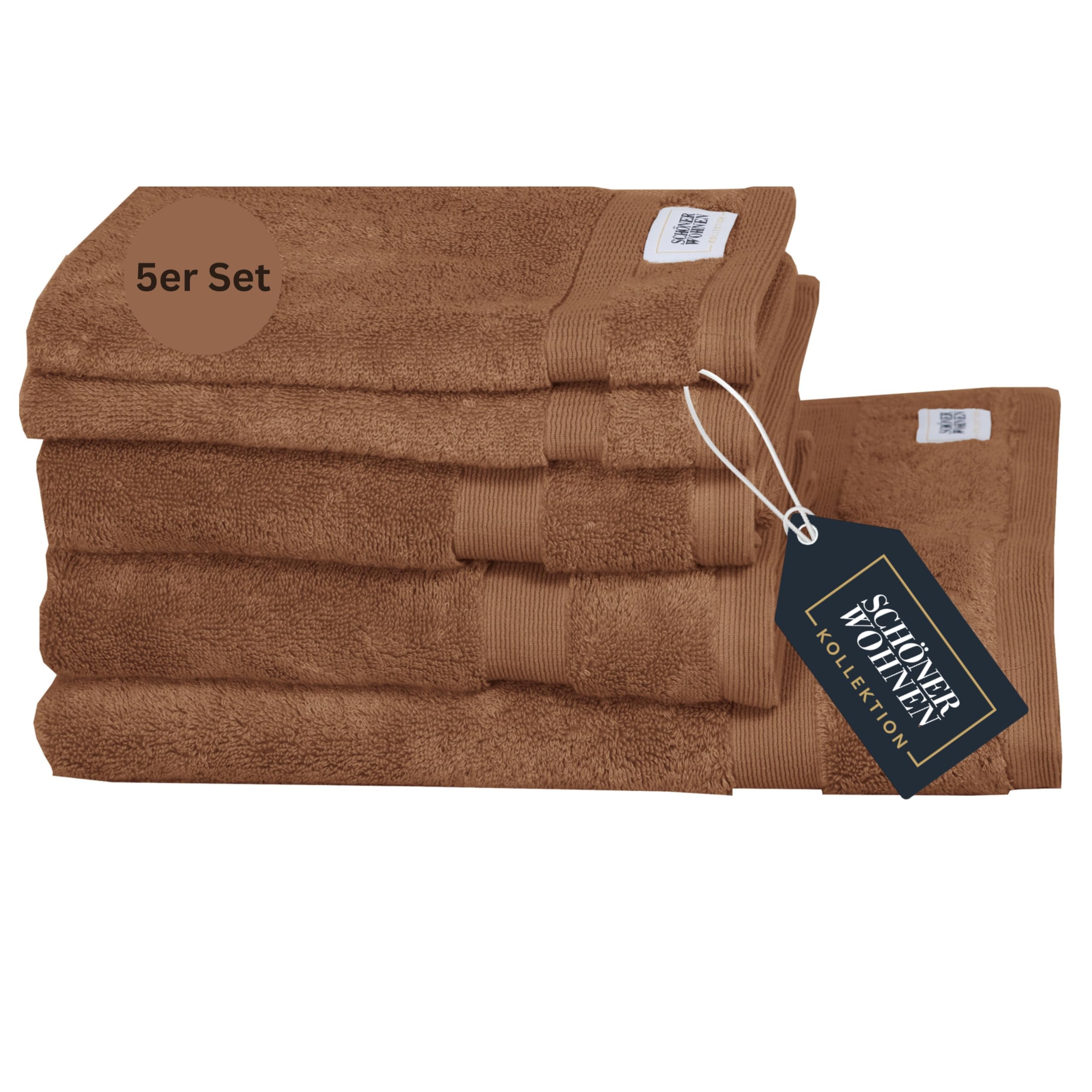SCHÖNER WOHNEN Frottee Handtücher Set Braun 5teilig - 100% Baumwolle - Handtuch Set flauschig weich - saugstark - besteht aus 1 Duschtuch + 2 Handtücher + 2 Gästetücher - Frottiertücher Öko-Tex