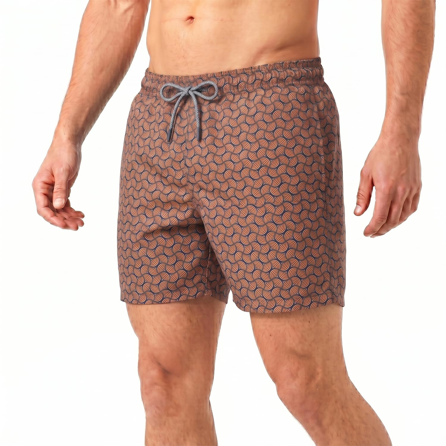 RIPT Men’s Quick Dry Swim Shorts with Mesh Lining Drawstring Waist UV50 Sun Protection Beach & Swimming Trunks (Orange Swirl Print, M)
