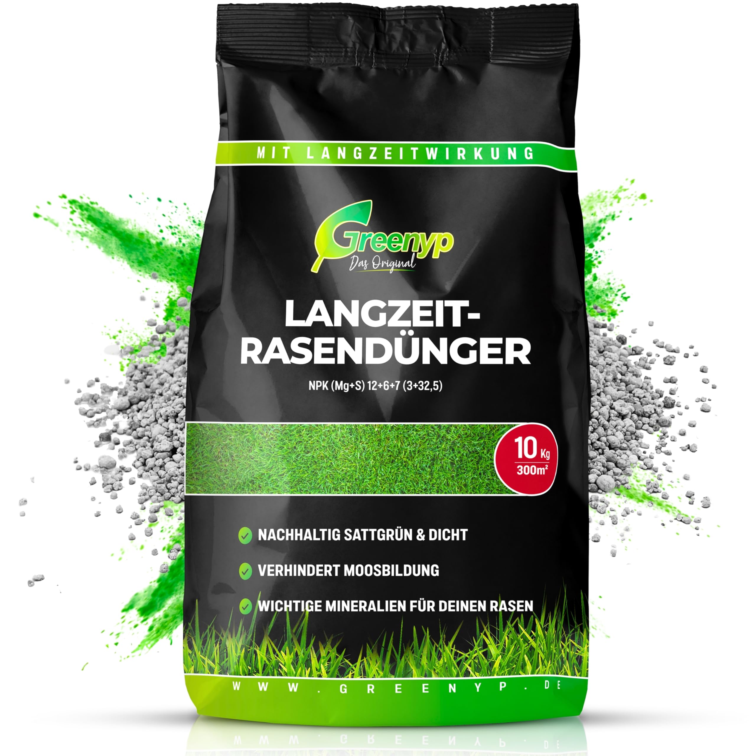Greenyp Kompakt Langzeit Rasendünger Frühjahr I 30kg für 1000m² I mit Langzeitwirkung & Depotwirkung für Frühjahr bis Spätsommer I verhindert Moosbildung I NPK Dünger Rasen Dünger