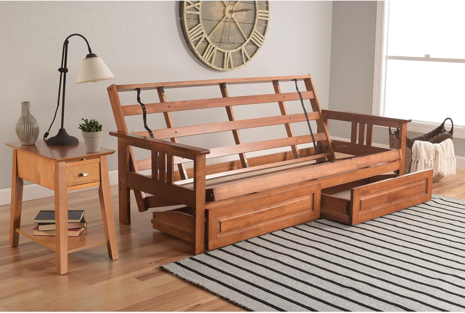 Storage Futon in Finish with Gray Mattress Grey Rustic Traditional Pattern Polyester Wood Multi-Position Tufted