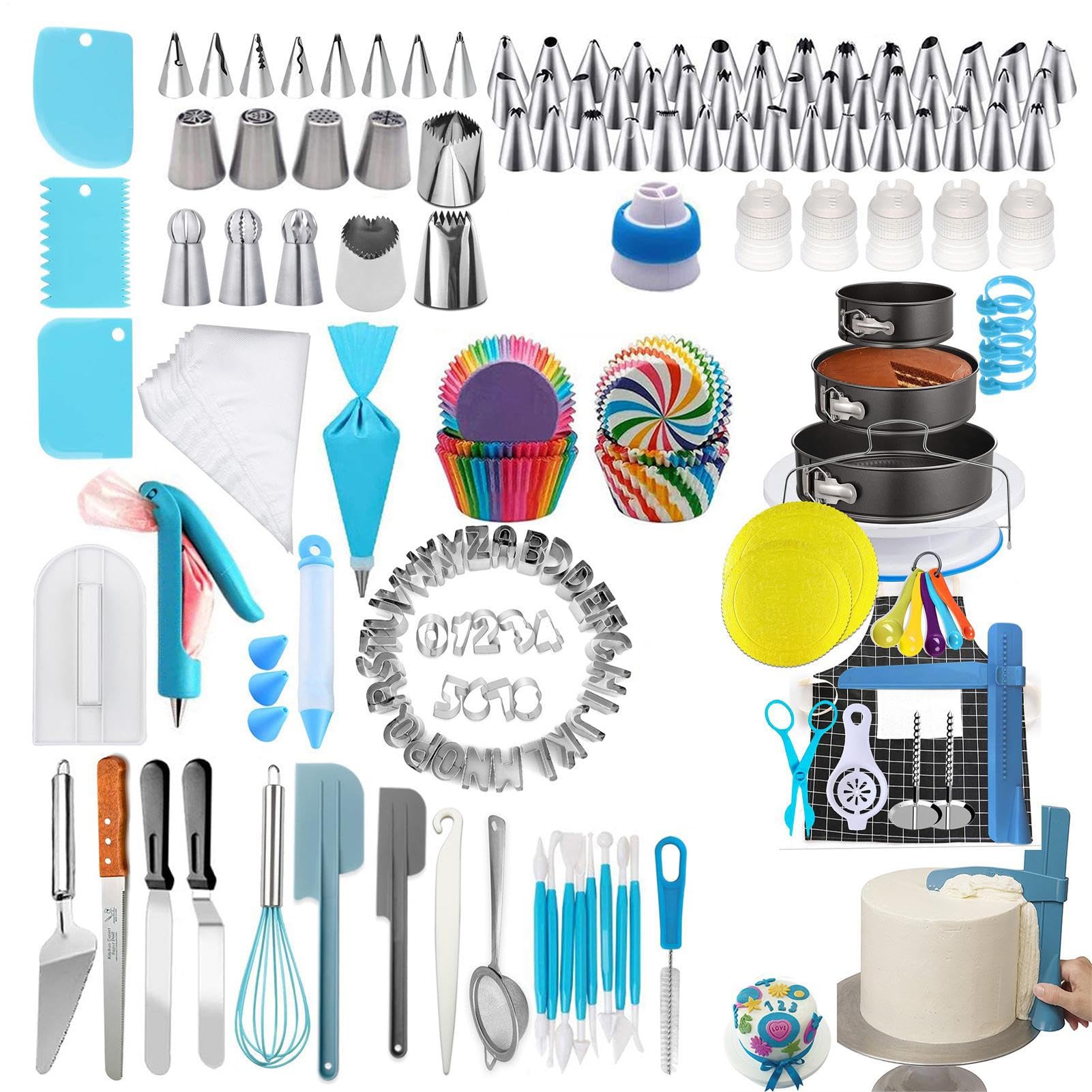 Kit de decoración de tartas – Juego de manga pastelera y boquillas de 458 | piezas, juego de horno para tartas con boquillas de acero inoxidable, de fijación azul reutilizable y para