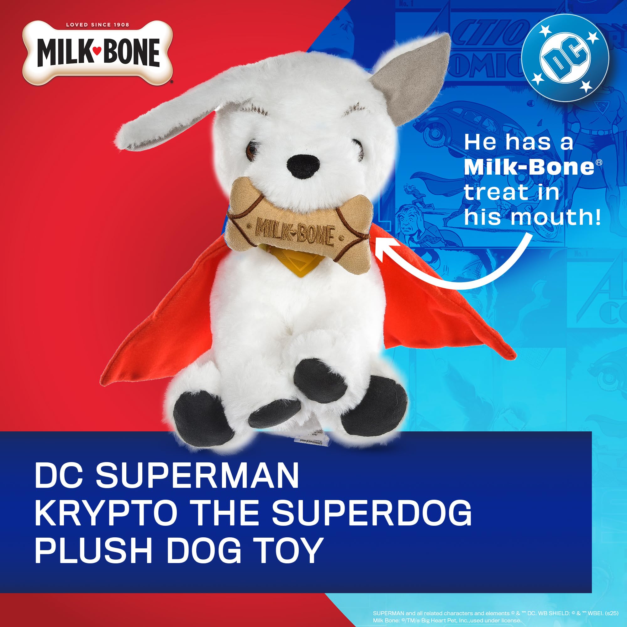 DC Comics Superman Krypto The Superdog Plüsch-Hundespielzeug – weiches quietschendes Hundespielzeug mit Knistergeräuschen, Umhang & Milchknochen-Leckerli-Design, 19,1 cm