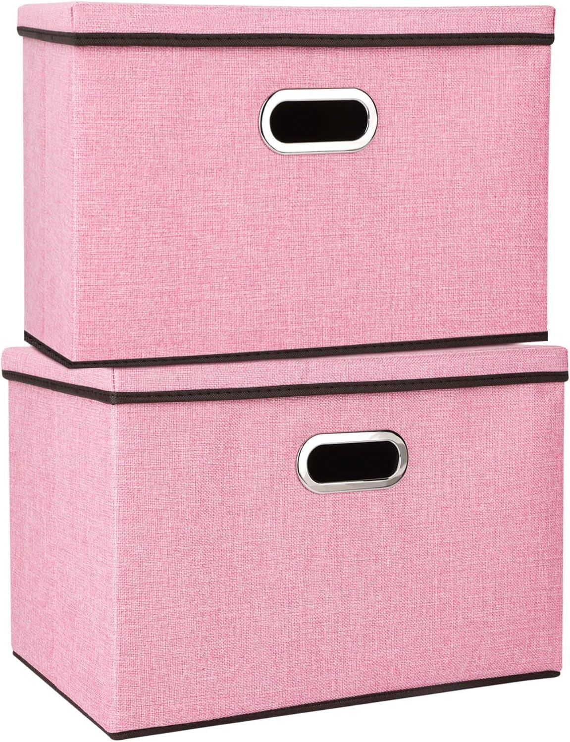 M.J COMFY-LIFE 2 Pack Storage Boxes with Lids 45x30x30cm Large Collapsible Storage Baskets for Shelves Foldable Linen Fabric Storage Bin Cube Storage Unit for Organizing Clothes Toys (Pink)