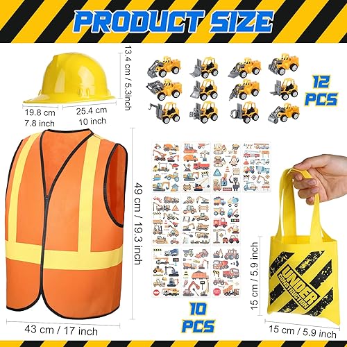 Miniatura 3 de 58 piezas de suministros de fiesta de cumpleaños de construcción, incluye 12 sombreros, 12 chalecos, 12 bolsas de mano, 12 mini camiones de juguete