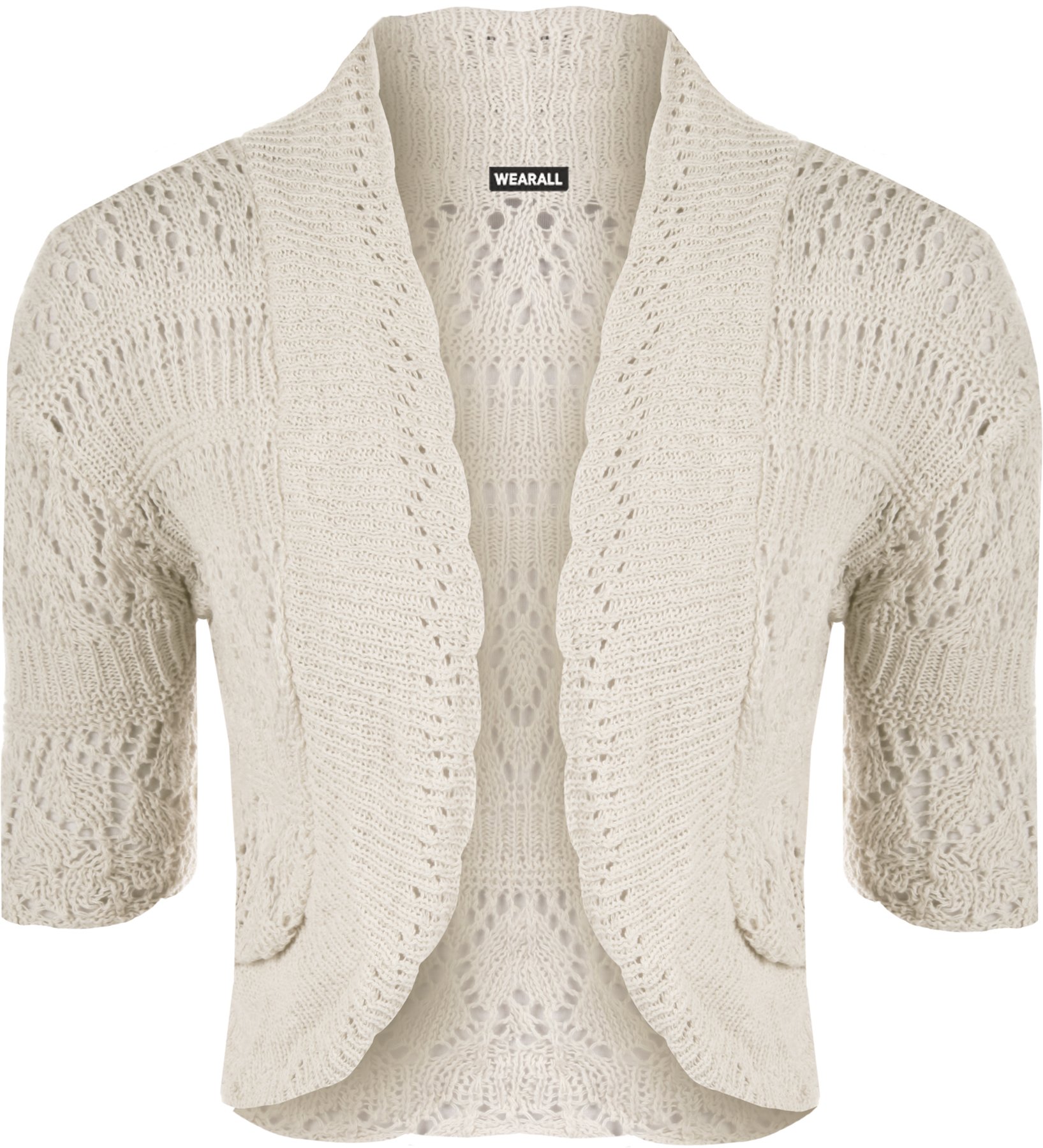 Wearall Women's Beige Crochet Knitted Short Sleeve Bolero Cardigan Top Shrug - Stone - 16-18