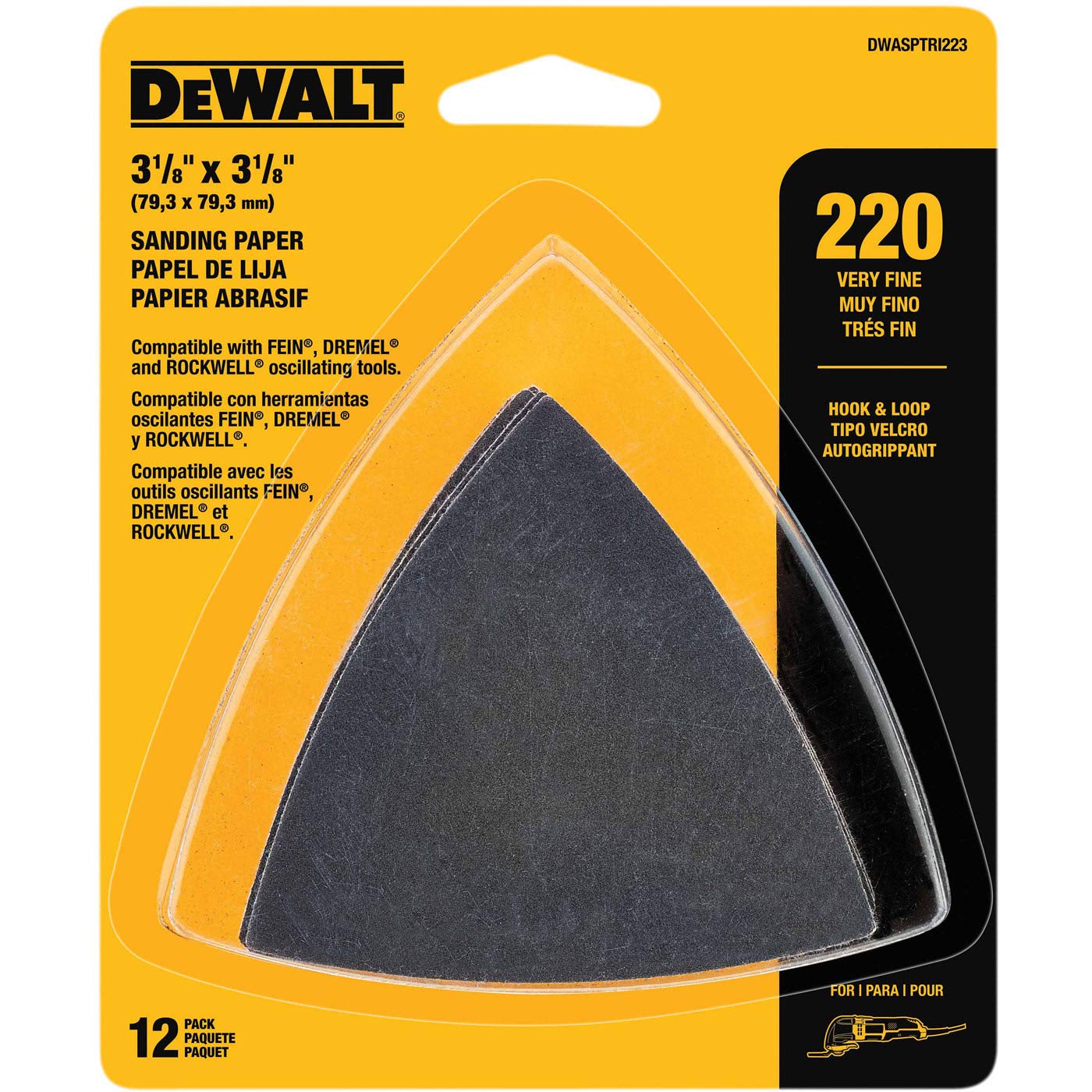 DeWalt DWASPTRI223 - Carta vetrata con gancio e anello triangolare, grana 220, confezione da 12