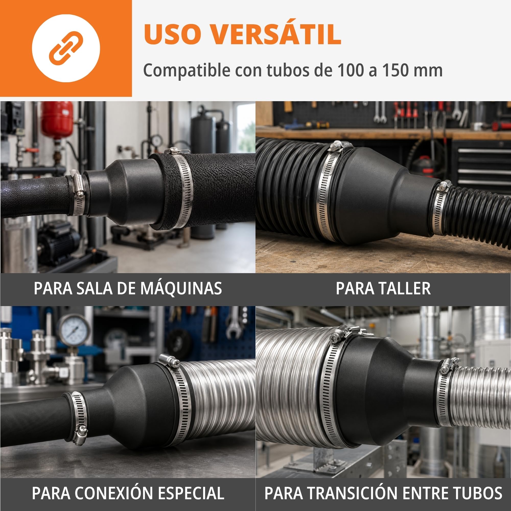WFix Adaptador Ventilación y Manguera 100-150 mm ABS-CF Negro | Reductor configurable, salida de aire, aspiración, piscina, taller, salas técnicas