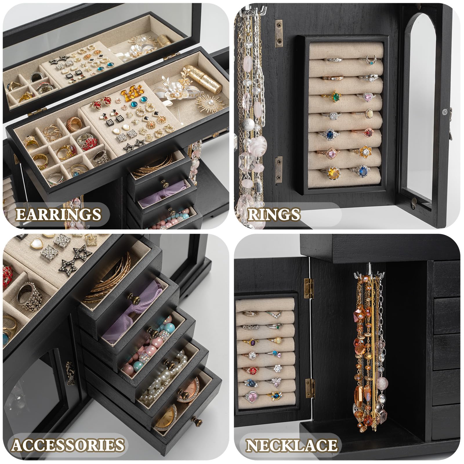 Schmuckkästchen, Rustikales Holz Groß Schmuckkasten Organizers mit Spiegel, Schmuckaufbewahrung, 6 Ebenen Schmuckbox für Ringe, Ohrringe, Halsketten, Armbänder (Schwarz)