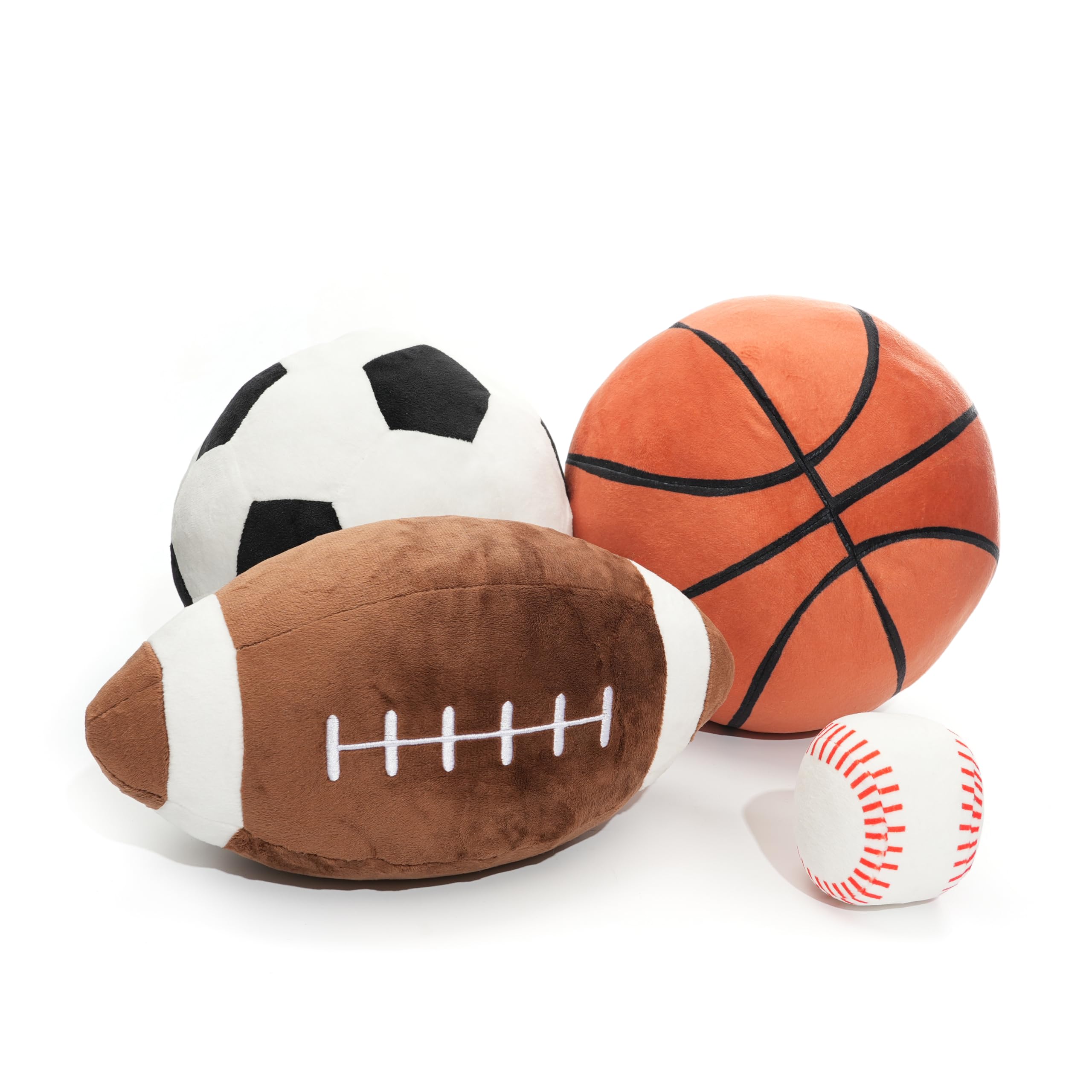 WEIGEDU Full Size Plush Sports Balls Set – 4-Piece Soft Toy Balls for Kids and Toddlers, Includes Football, Basketball, Soccer Ball & Baseball – Indoor Play, Nursery Décor, Gift for Boys and Girls