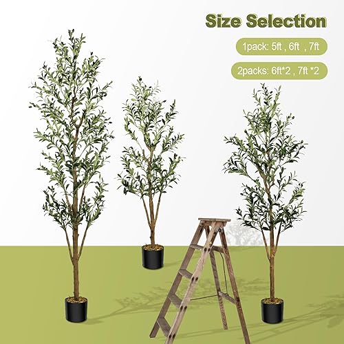 Miniatura 7 de Fikowo Árbol de olivo sintético de 6 pies, olivo artificial para interiores, árbol de seda de olivo falso en maceta con tronco de madera natural y