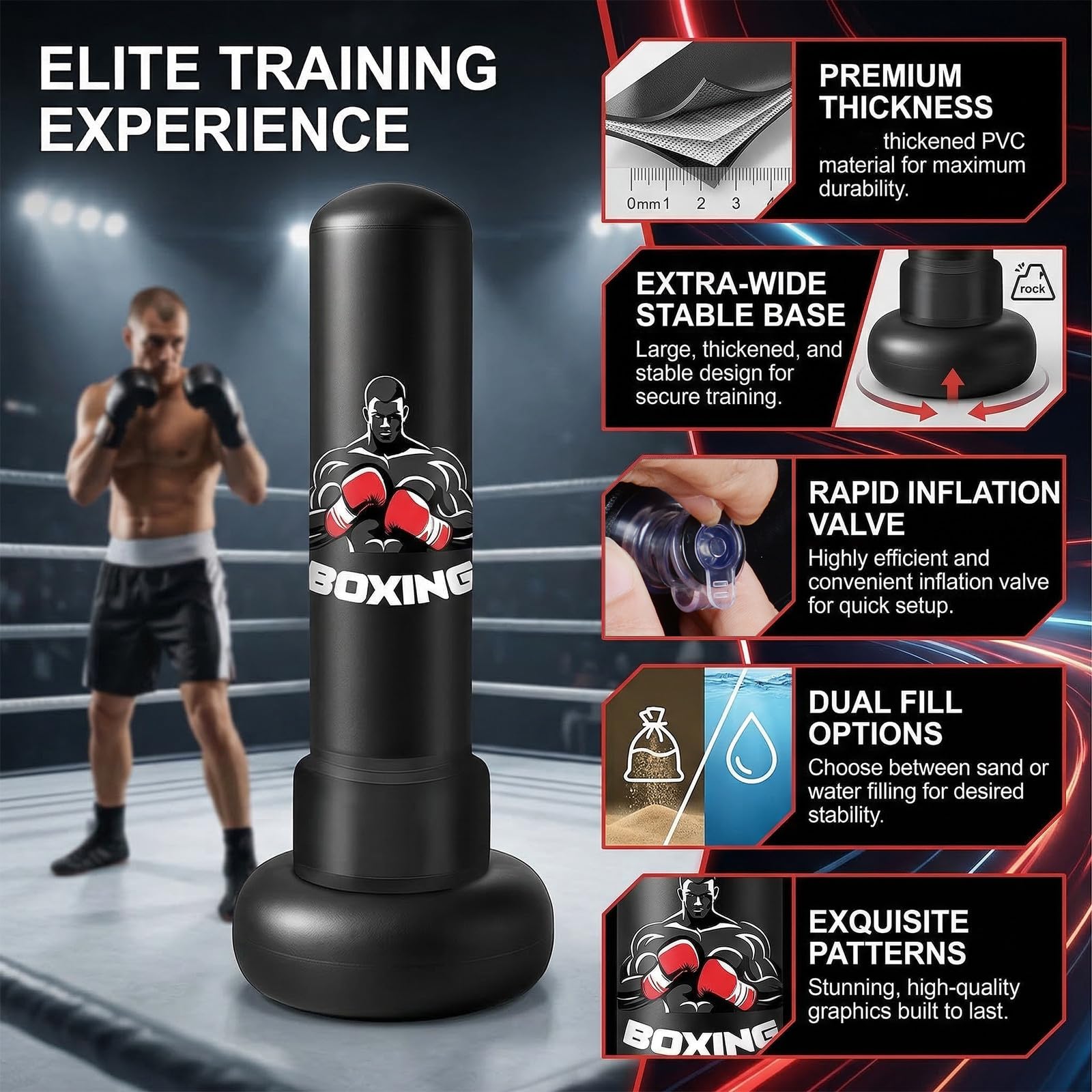 Oziral Sac de Frappe autoportant pour Adultes 180 cm Sac de Boxe Gonflable avec Support PVC épais Gants de Boxe Noirs et Pompe à air – Entraînement à Domicile pour MMA Muay Thai Kickboxing - 3