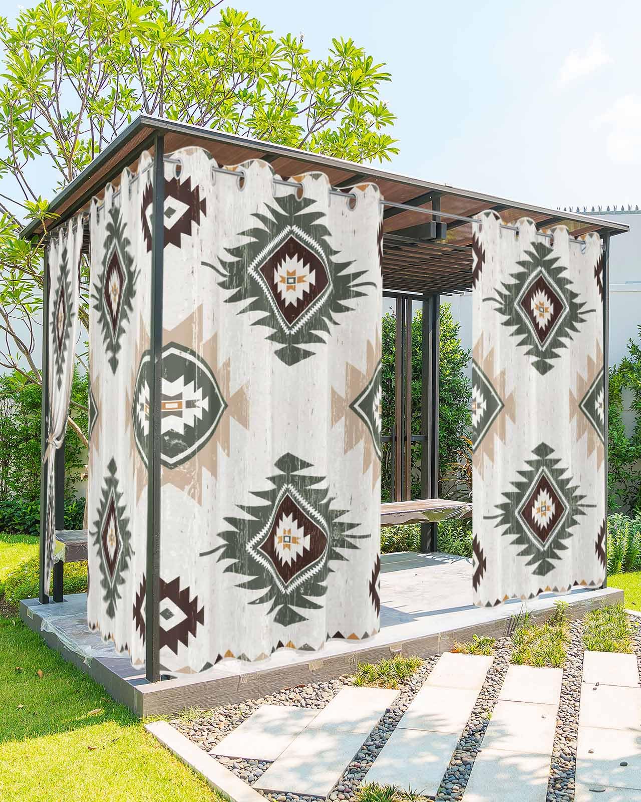 EZON-CH Outdoor Curtain for Patio Waterproof, Bohemian Pattern Aztec Green Abstract Art Outside Curtains with Grommet Top Curtain Panels Drapes for Pergola, Gazebo, Balcony 54