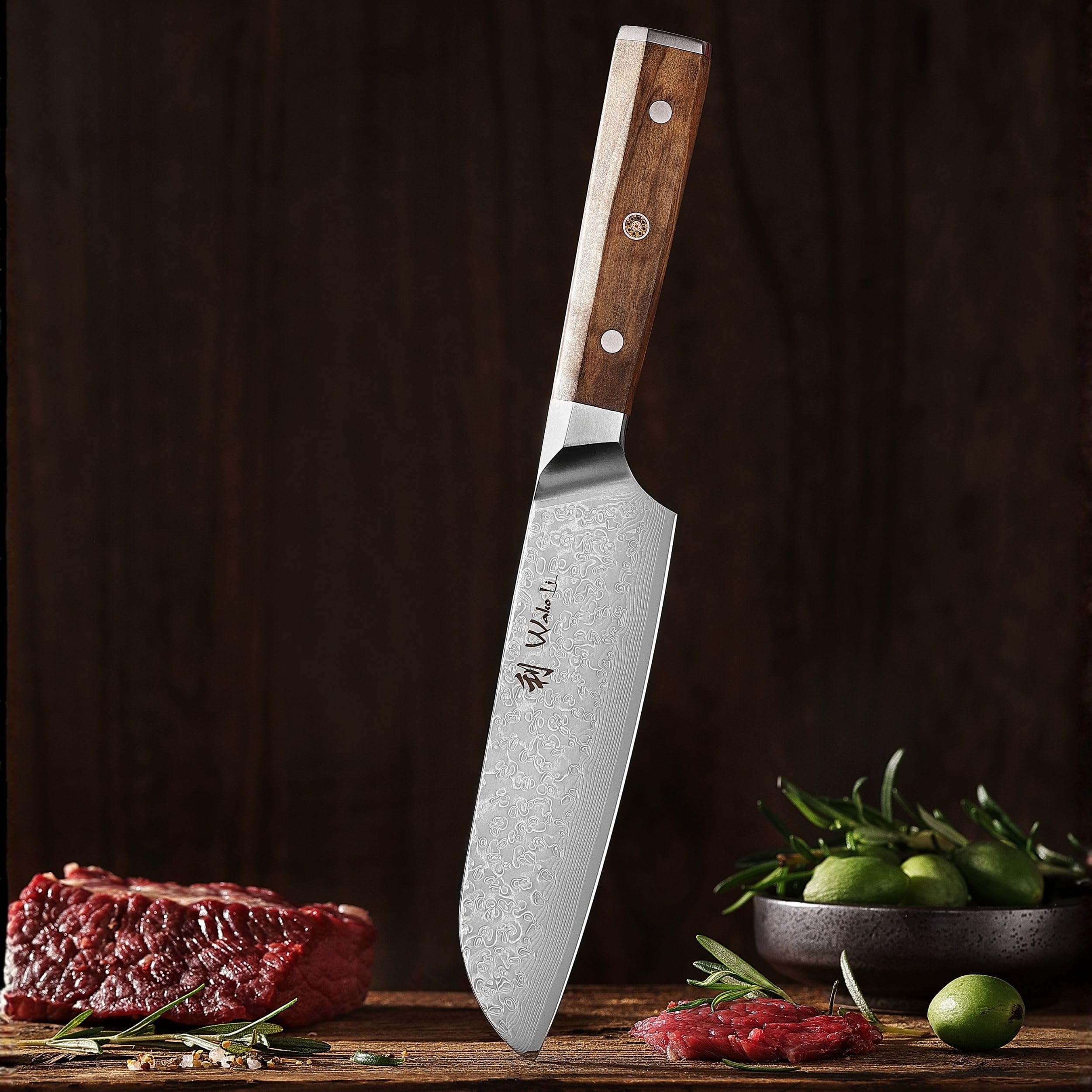 Wakoli Oribu Santokumesser 18 cm aus 67 Lagen Damaststahl mit VG10 Kern | Full Tang mit Olivenholzgriff, beidseitiger 15° V-Schliff, 60 ± 2 HRC, für Fleisch, Fisch und Gemüse, inklusive Geschenkbox