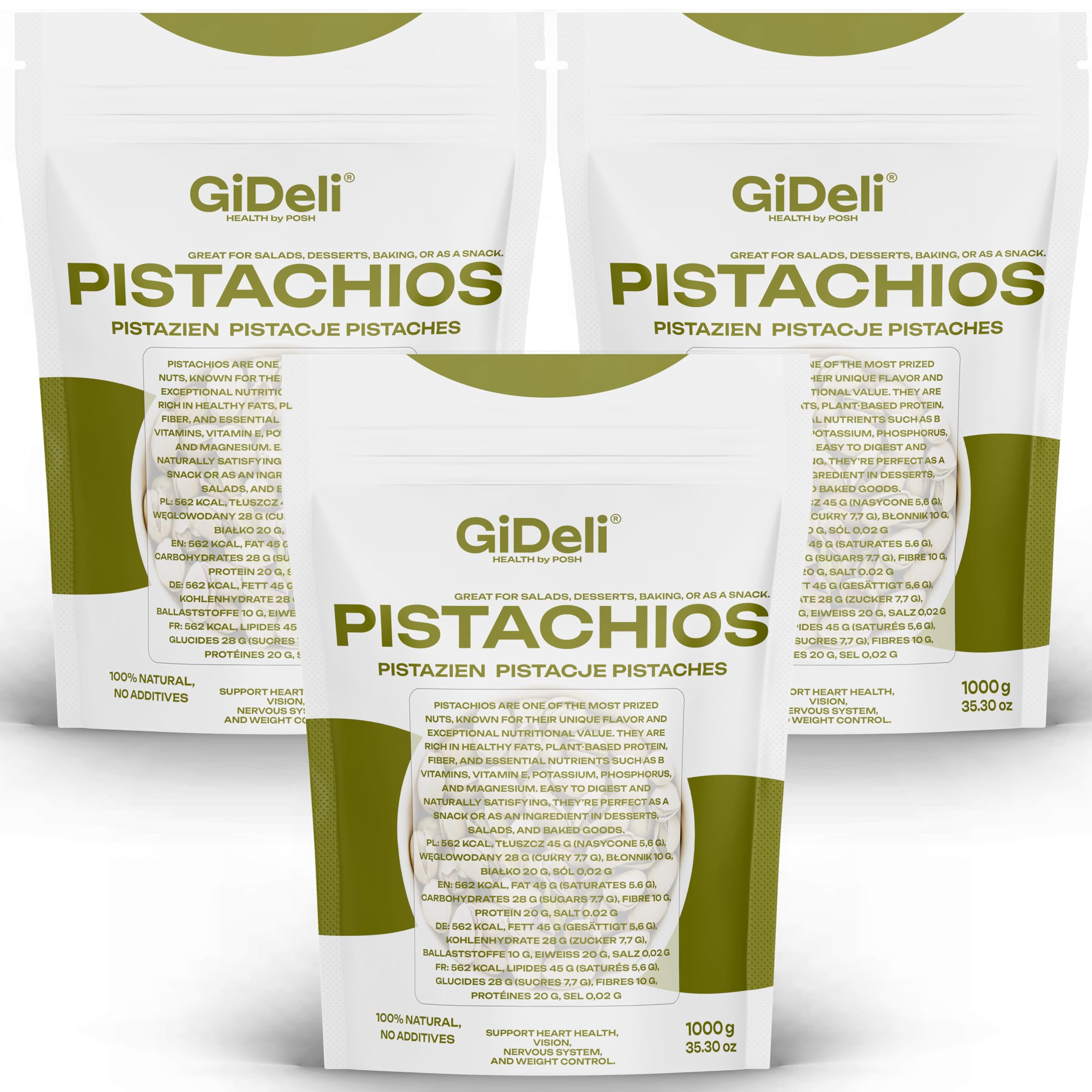 GiDeli Pistazien 3 x 1kg - Geröstet und Gesalzen - Nüsse mit Schale als Gesunde Snacks für Partys - Ideale zum Backen, Gerichte, Creme und Desserts