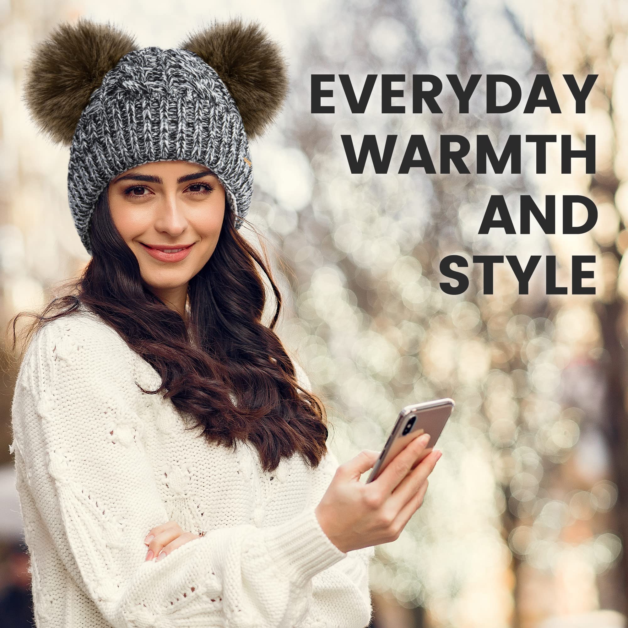 Arctic Paw Women Winter Hat Cable Knit Fleece Lined Warm Pom Pom Beanie for WomenBlack White