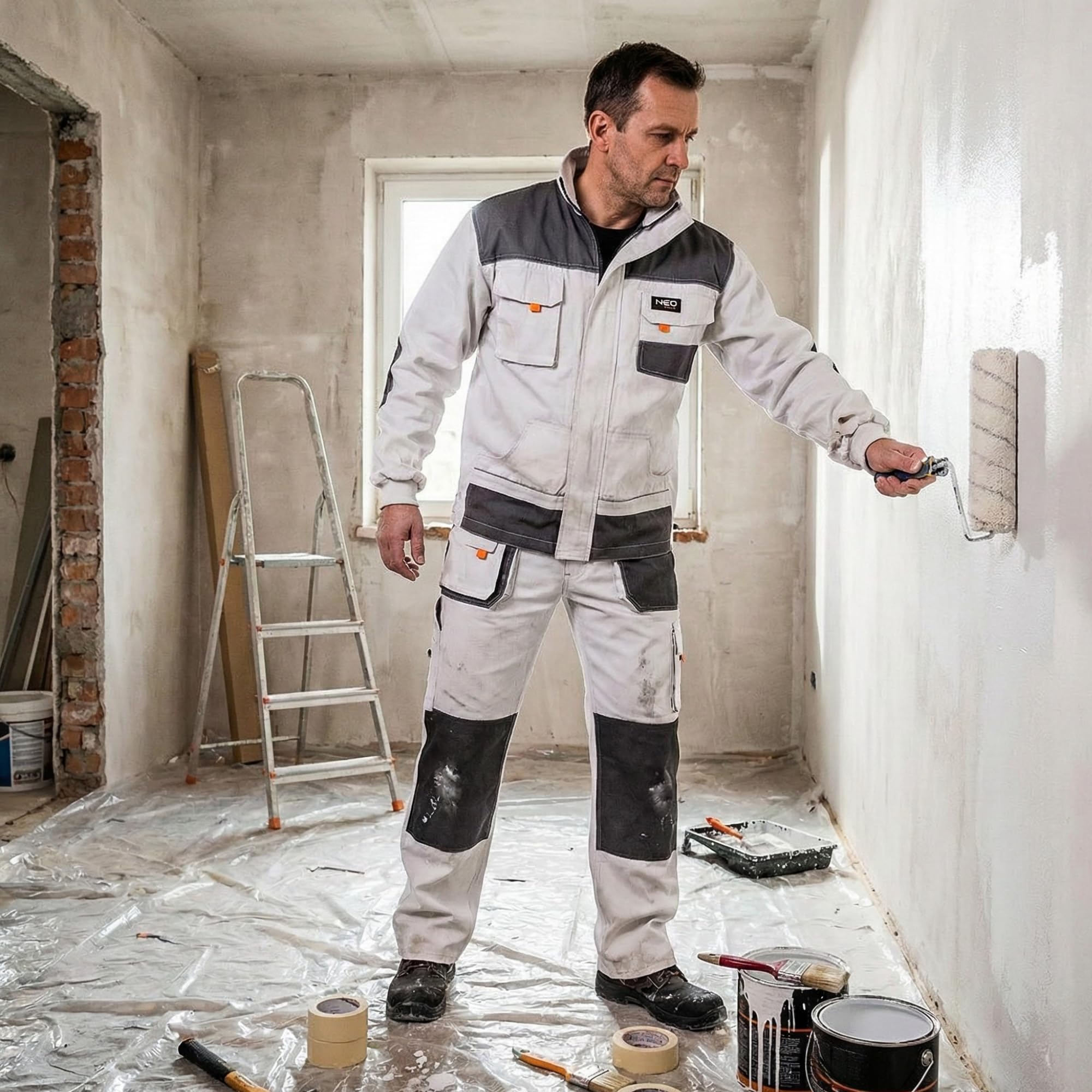 NEO TOOLS Profi Arbeitshose/Profi Set (Hose, Jacke, Knieschutzpolster) weiß | Sicherheitshose Arbeitskleidung Berufsbekleidung Bundhose Malerhose Hose S-XXL