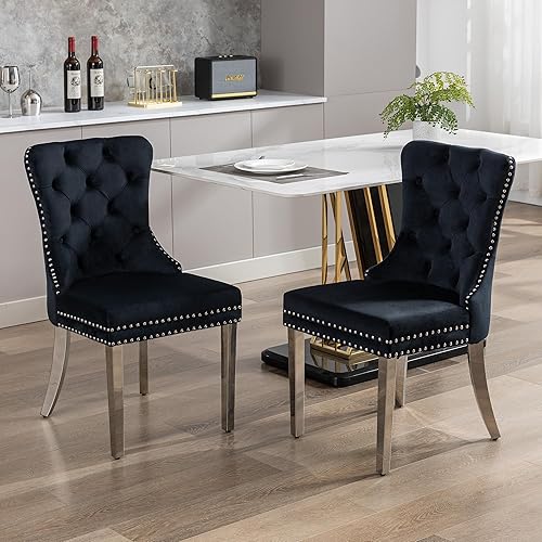 Miniatura 30 de KCC Juego de 6 sillas de comedor de terciopelo, silla de comedor tapizada de alta gama con respaldo acolchado, anillo de tracción de cabeza de