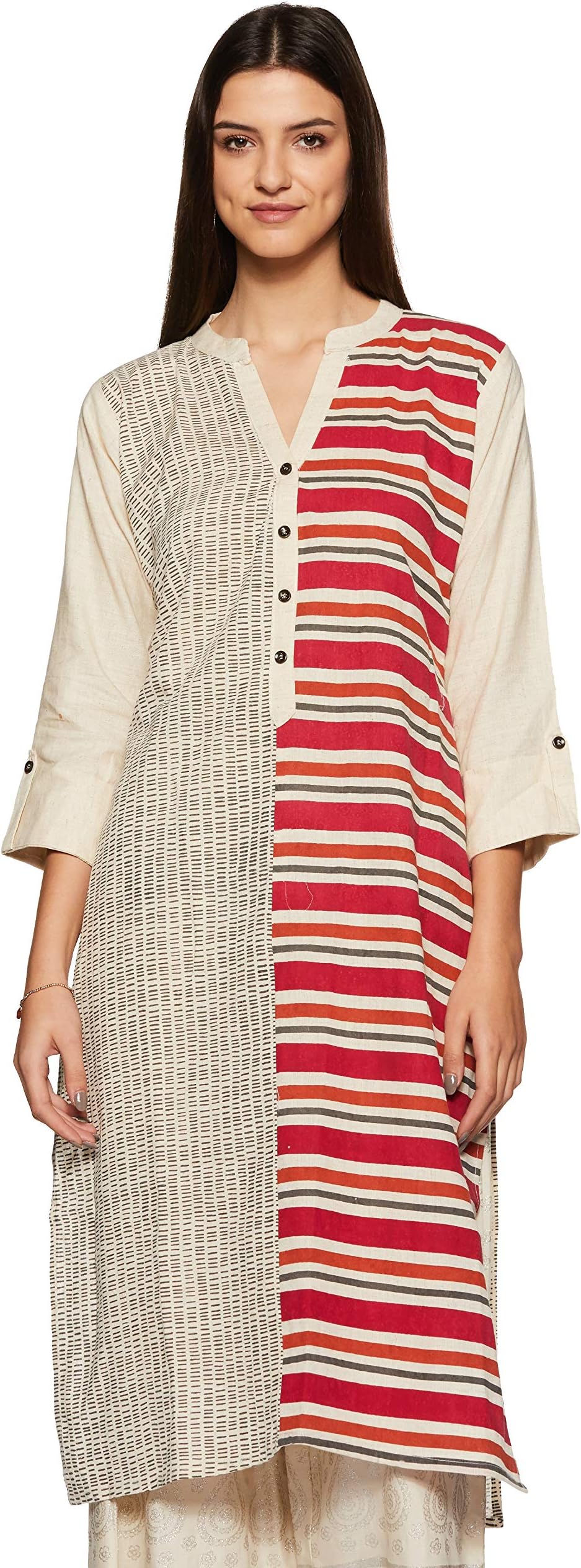 Women's Cotton Straight Kurta NC KT 3996-CREAM-MAROON_Cream_Small