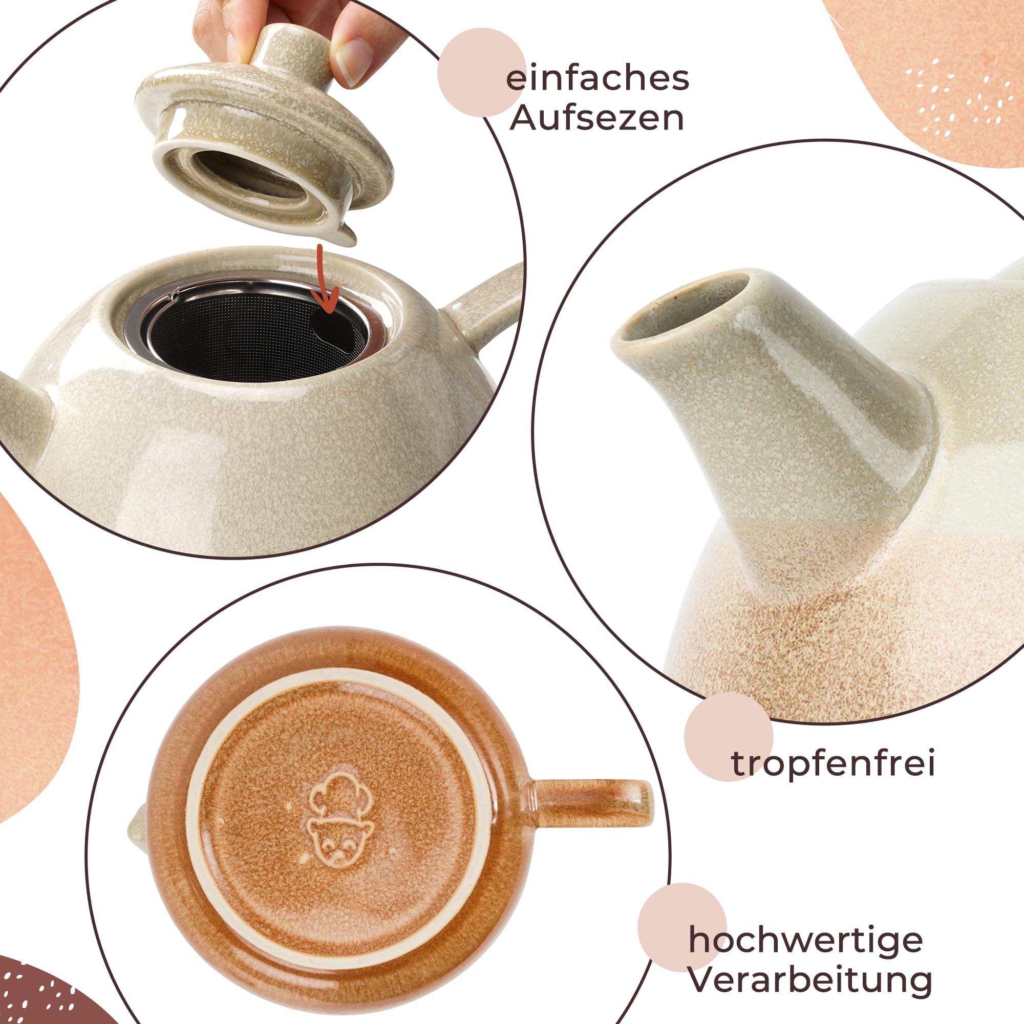Keramik Design Teekanne mit Stövchen und Sieb - 1,4 l - Sandbeige