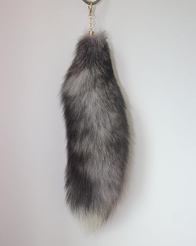 Miniatura 3 de Super Enorme Esponjoso 16.9 in Plata Azul Fox Cola Piel Bolso Accesorios Llavero Anillo Gancho Borlas Color Natural Cospaly Toy