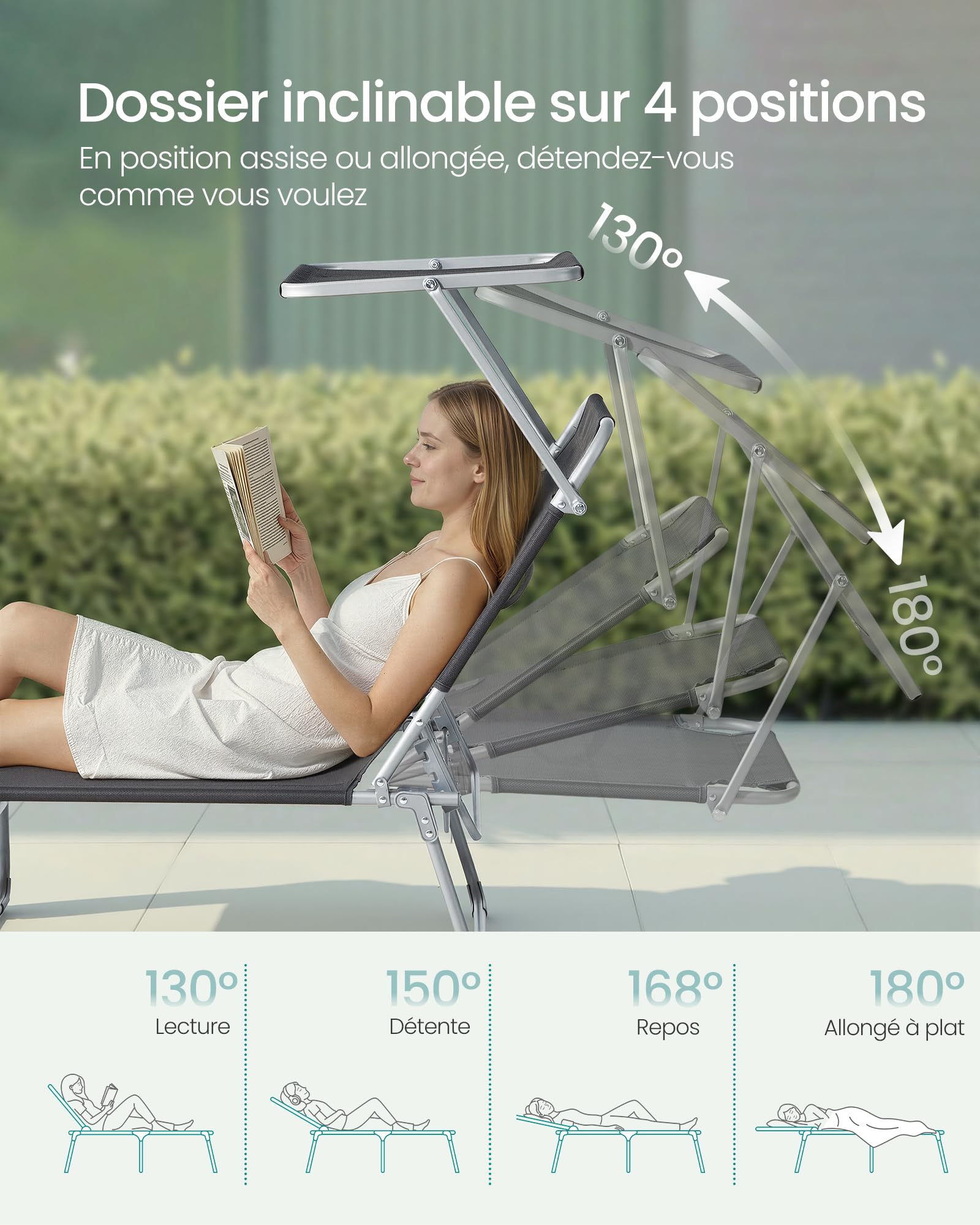 SONGMICS Chaises Longues Pliantes, 189 x 53 x 28,5 cm, Transats Jardin Extérieur, Chaque Chaise Supporte 110 kg, Pare-Soleil et Dossier Réglables, pour Terrasse, Balcon, Lot de 2, Gris GCB294GZ02