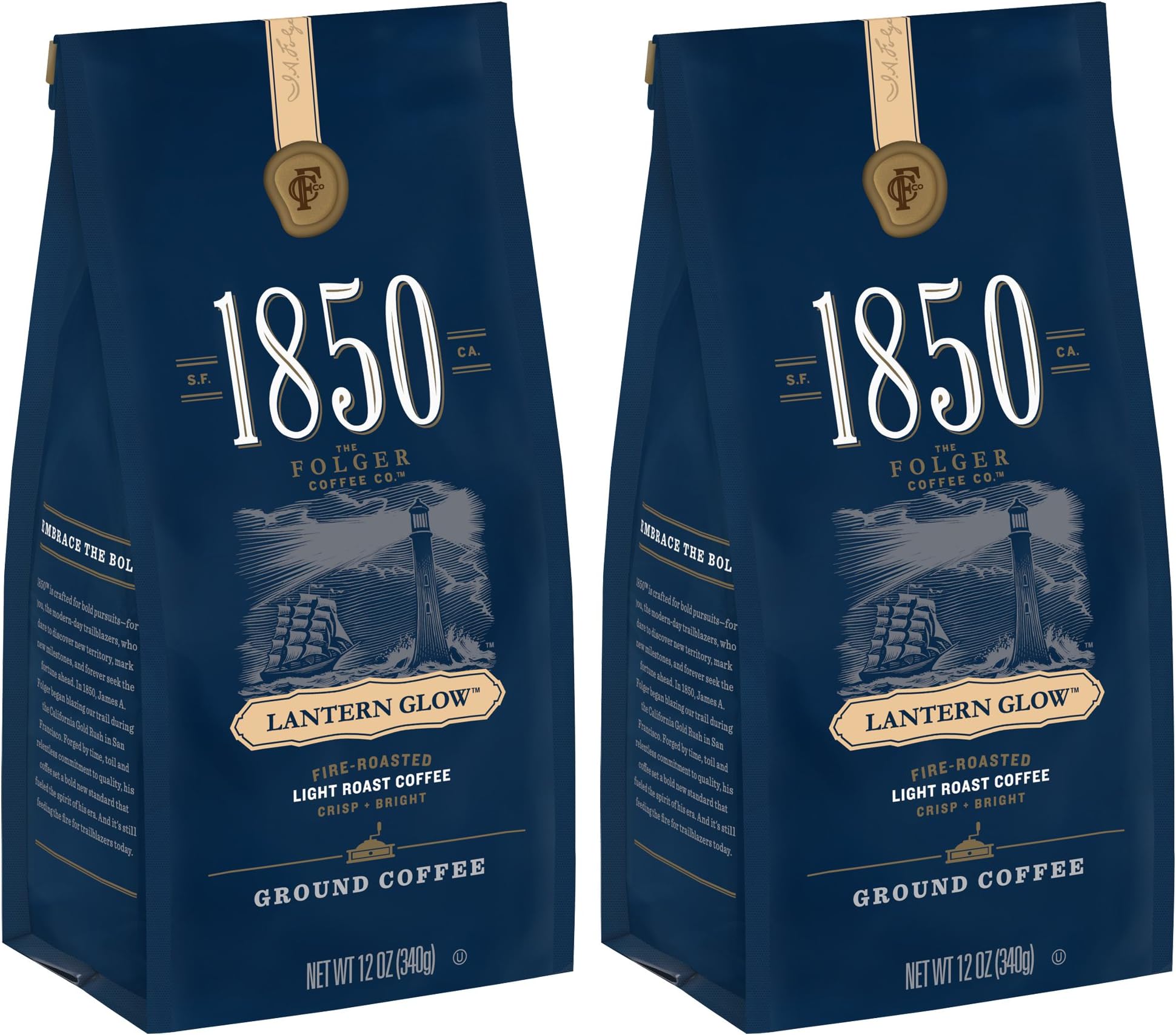 1850 by Folgers Lantern Glow Light Roast Ground Coffee, 12 Ounces (Pack of 2)