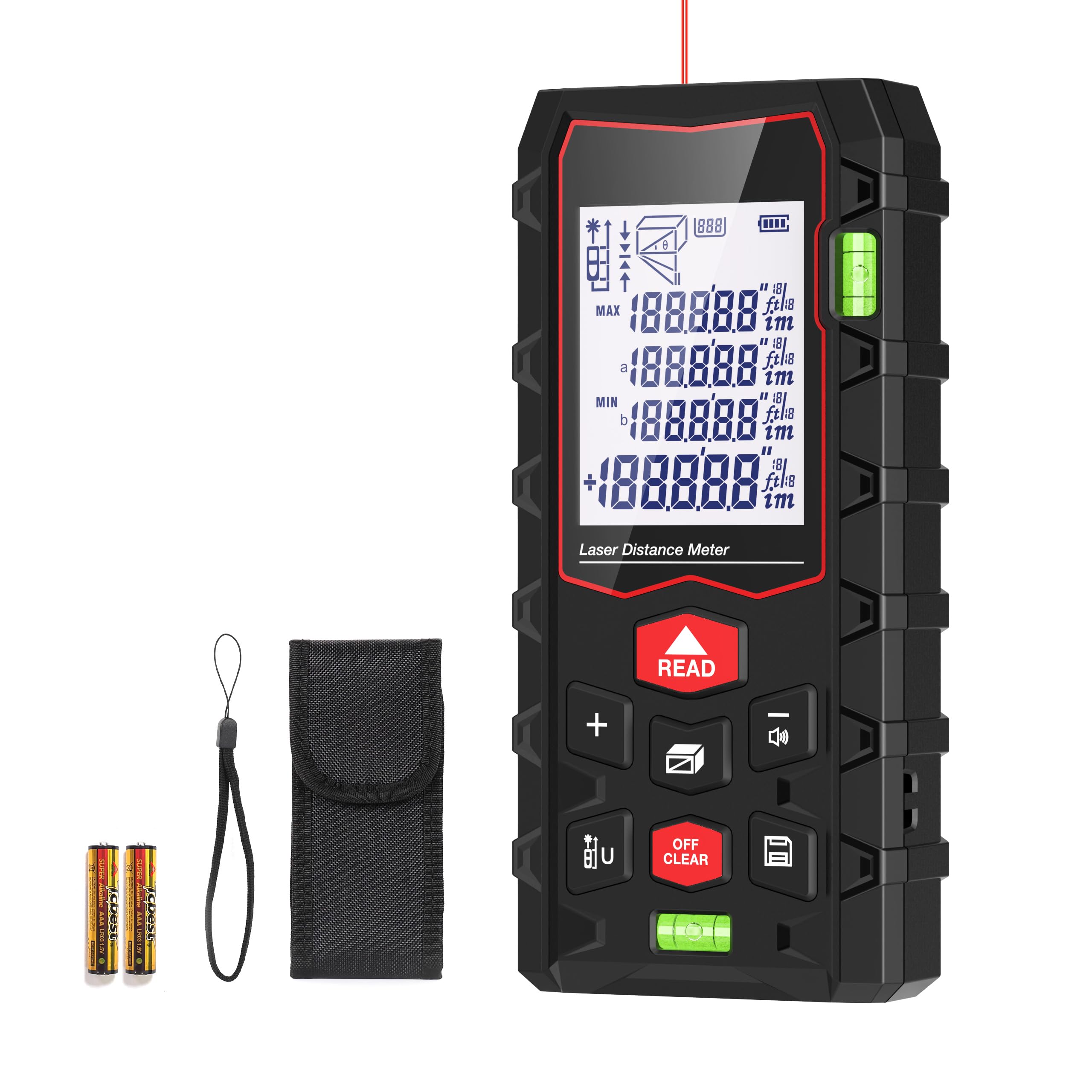 Medidor láser de 180 pies, medidor de distancia láser Charcity de 100 m (M/in/F) con 2 niveles de burbuja, función de silencio IP54 impermeable con retroiluminación LCD grande, para modo pitagórico