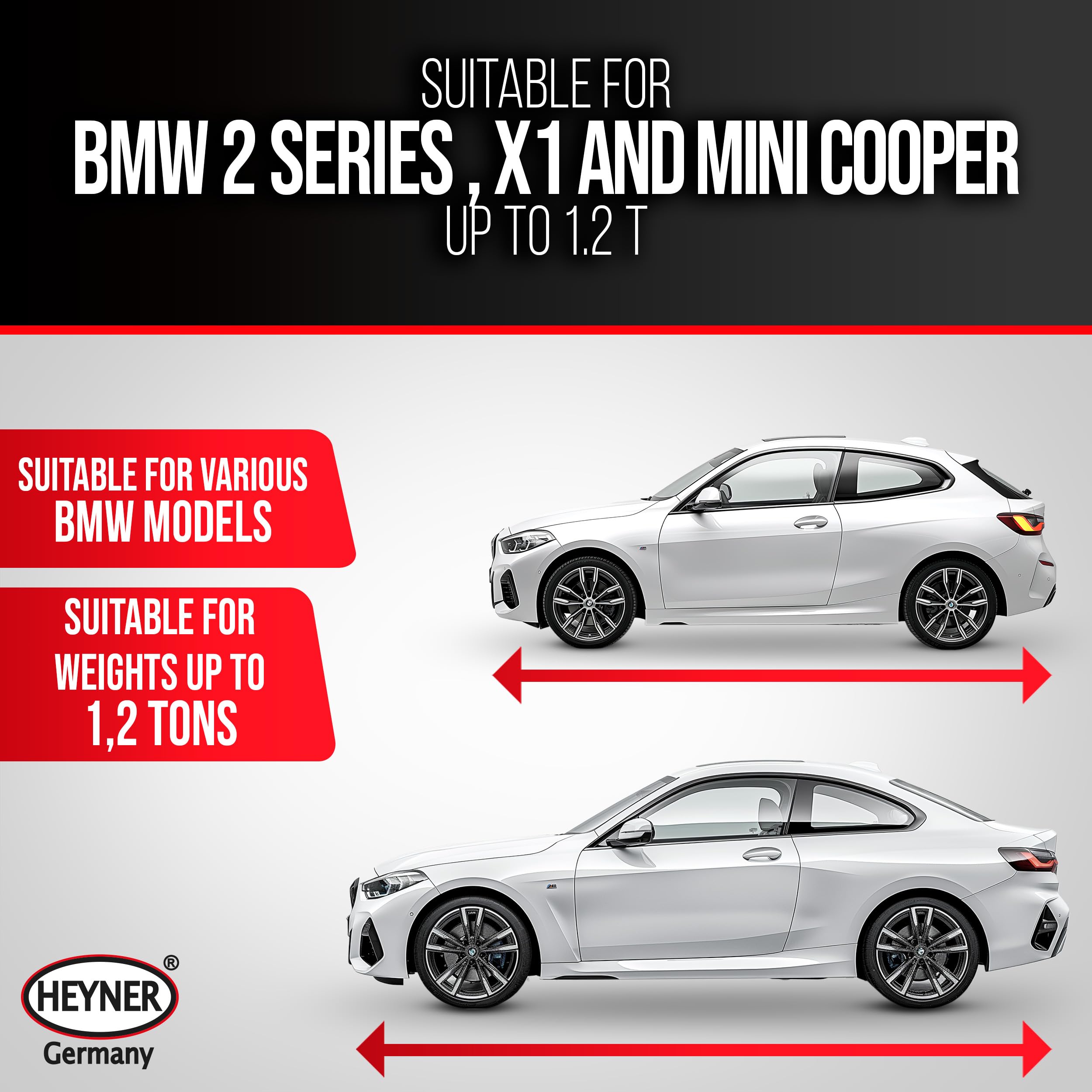 HEYNER® Podnośnik samochodowy o udźwigu 1,2 t do samochodów osobowych Mini Cooper, BMW serii 2 i X1
