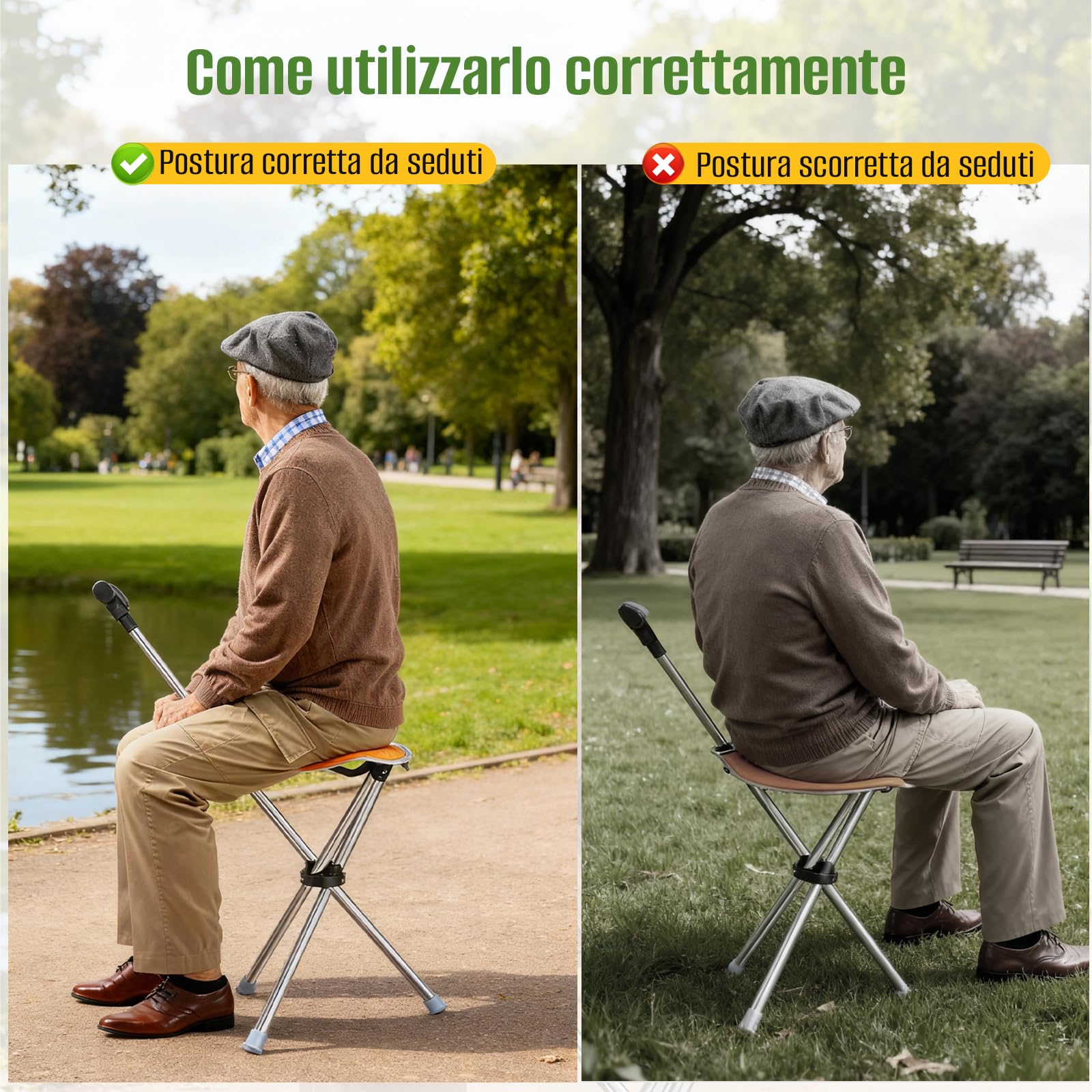 Bastone da passeggio triangolare con sedile, 2 in 1, pieghevole, leggero da 150 kg, per anziani e adulti, ideale per viaggi all'aperto, campeggio e alpinismo