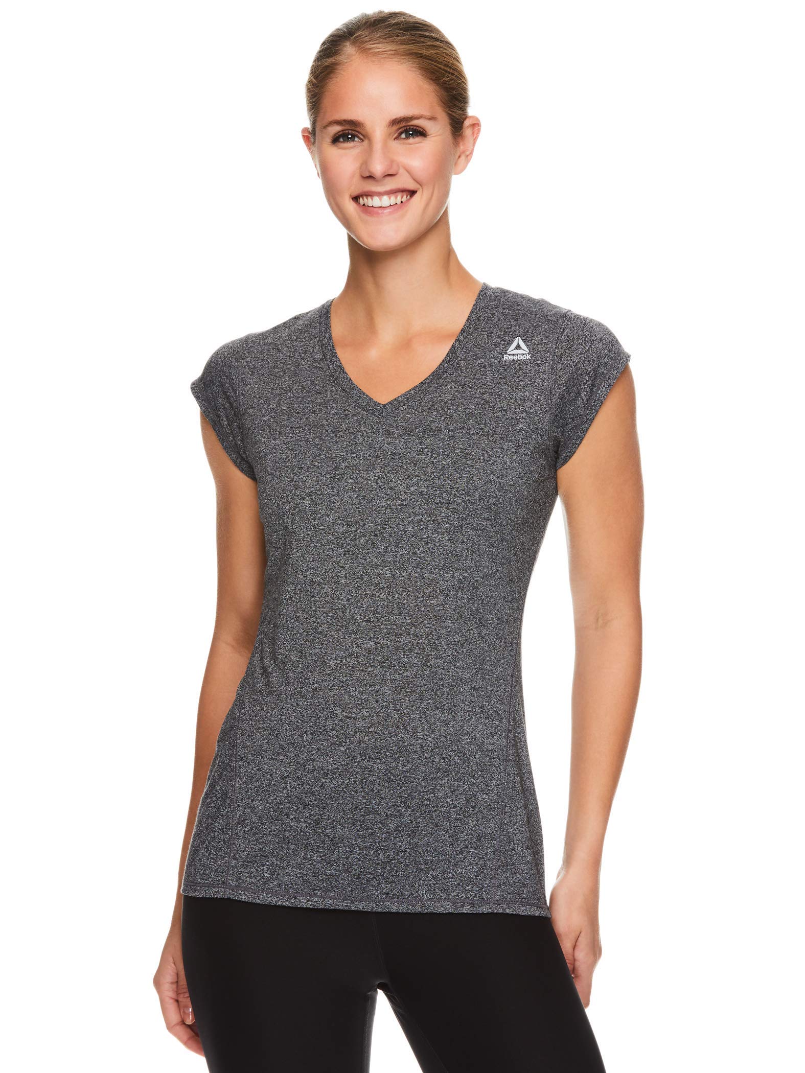 ReebokWomen's Cap Sleeve Gym & Workout T-Shirt - Performance V-Neck Athletic Running Top - Perfect Cap Black Heather, Large