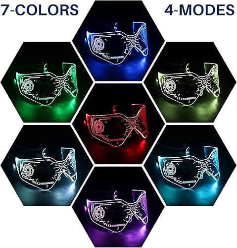 Miniatura 2 de SAFEBAO Lentes de visera LED para adultos con 7 colores y 4 modos de luz recargables, perfectos para festivales, fiestas, regalos, bailes,