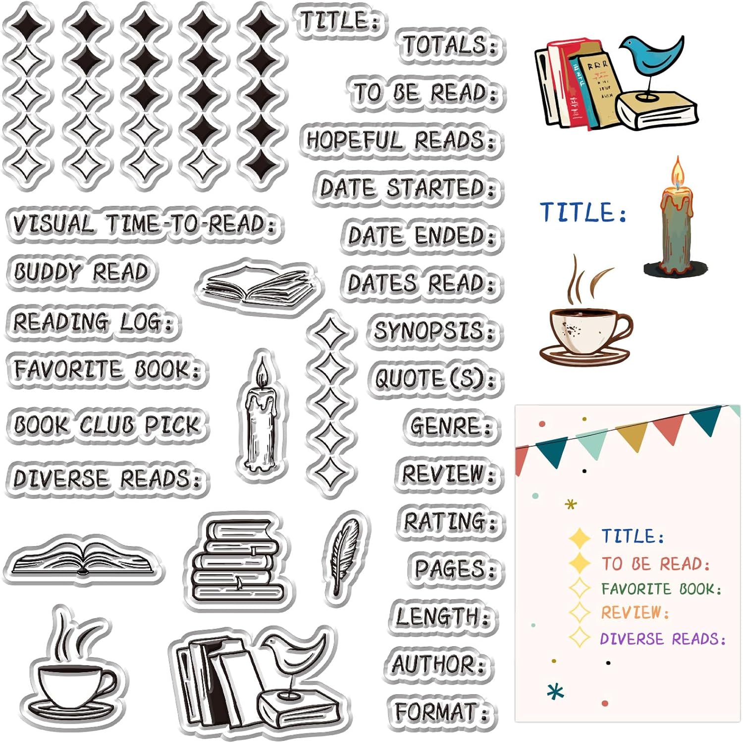 CRASPIRE Reading Book Stamp Diary Journal Clear Stamps for Card Making Coffee Book Title Author Words Reusable Silicone Rubber for Scrapbooking Calendar Journal Photo Album Decorative Crafts