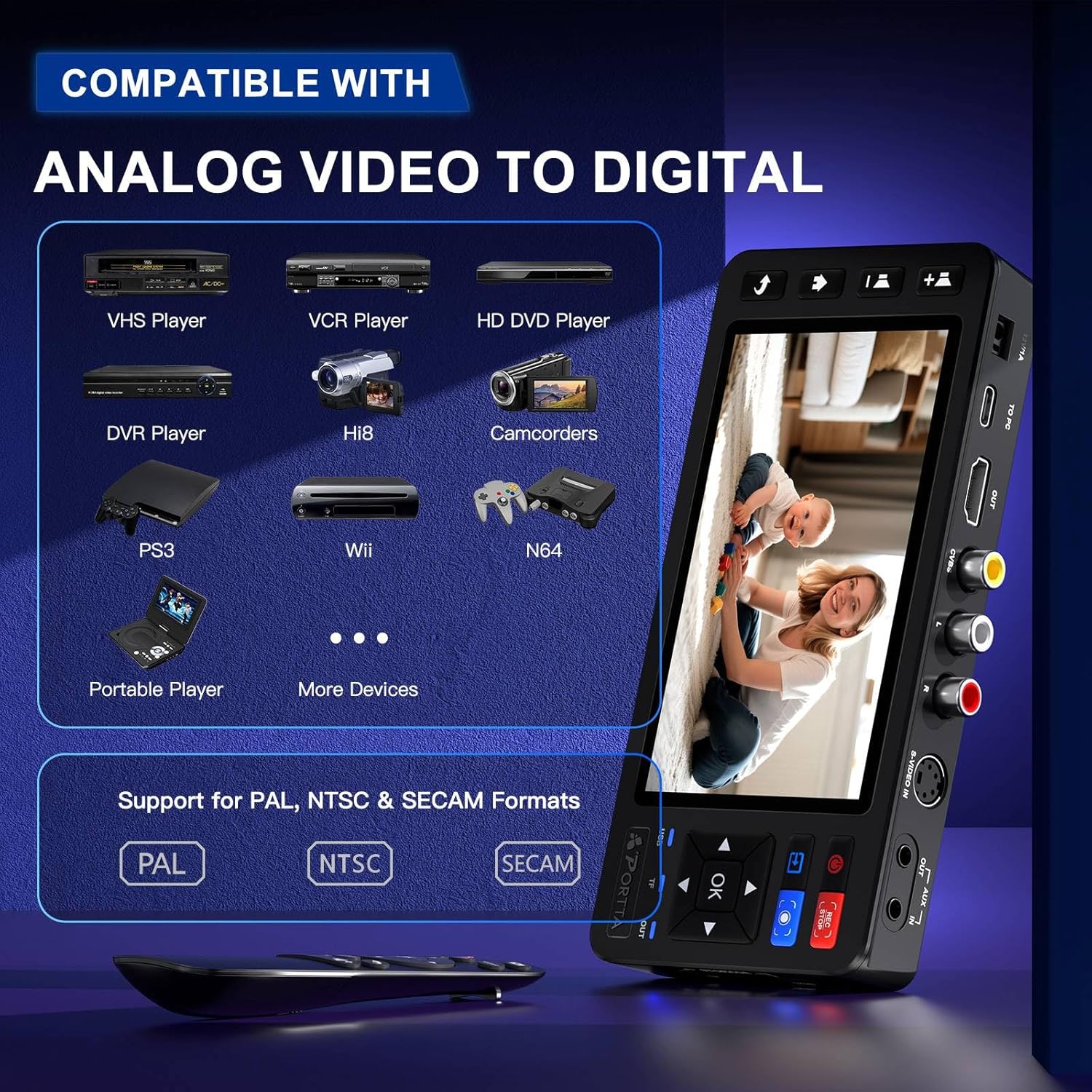 Portta VD20P VHS to Digital Converter with 5" HD Screen, Video Capture Recorder Convert to MP4 Compatible with VHS, VCR, DVR, DVD, Hi8, Mini DV, Camcorders, Retro Consoles (Tape Player Not Included)