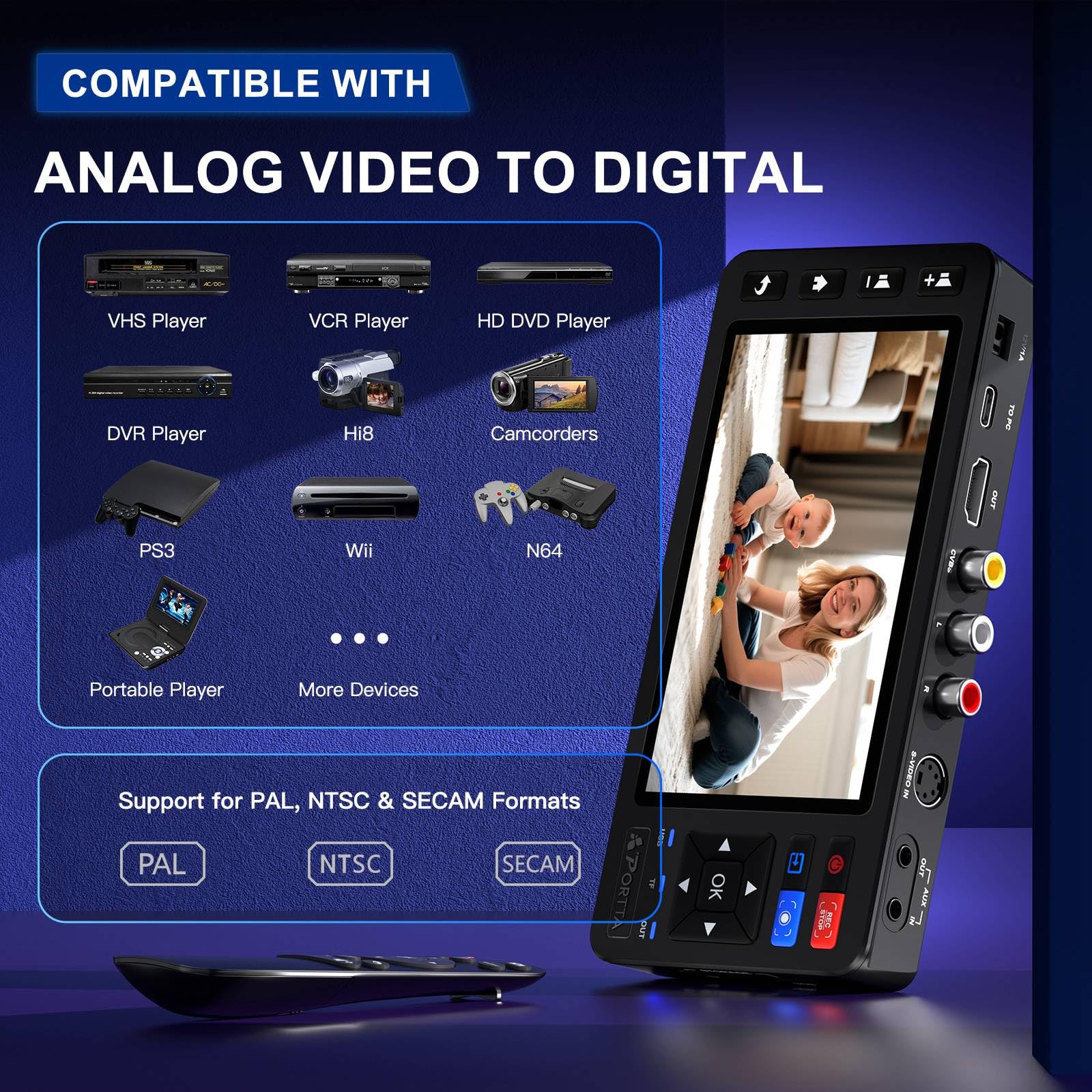 PORTTA VD20P VHS a Digital Convertidor, Video Casette Digitalize with 5" LCD & Remote, Compatible with VHS, VCR, DVR, DVD, Hi8, Mini DV, Videocámara, Cassette Tape, Gaming Consoles