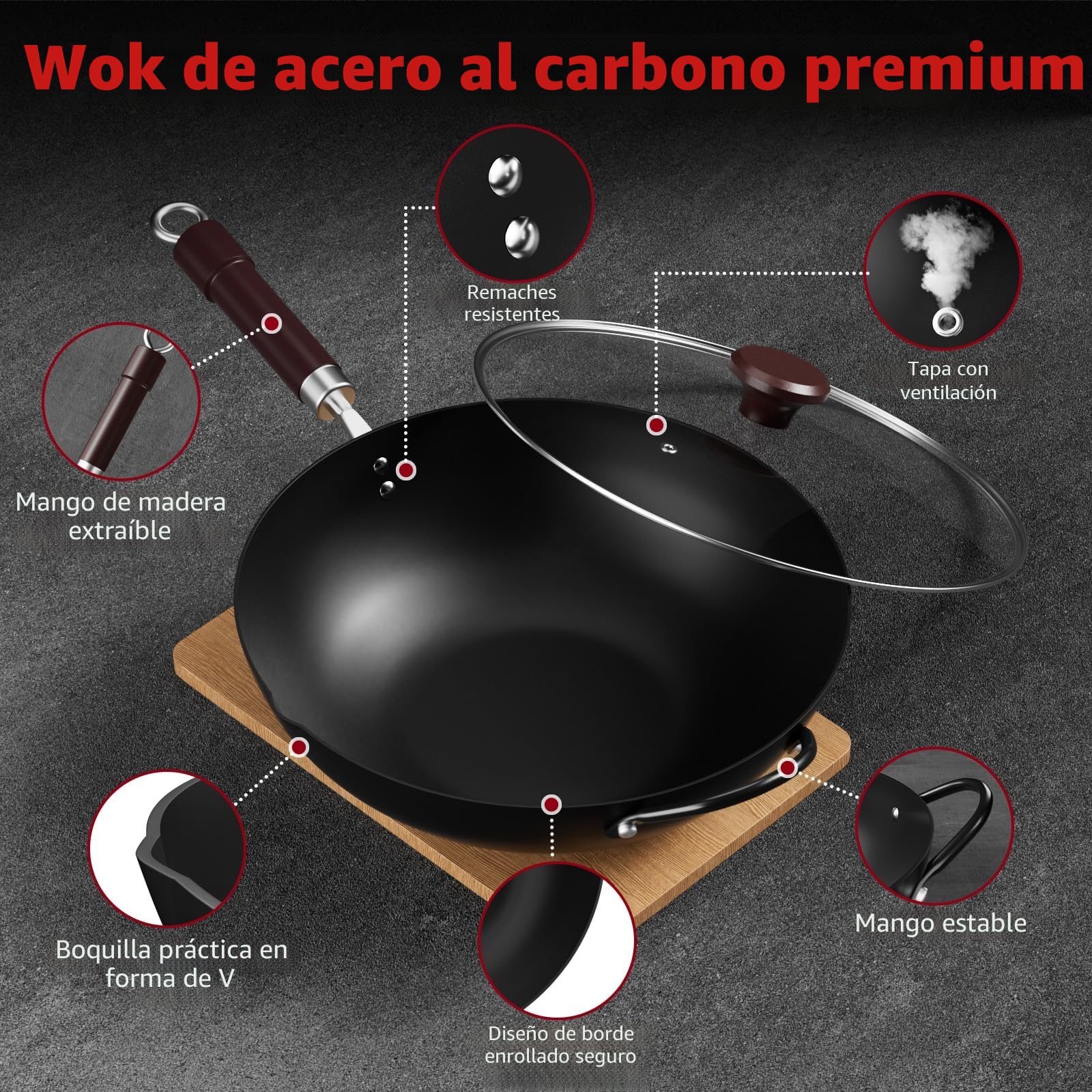 Jobin 32 cm/12,6'' Wok de Acero al Carbono con Tapa, Asas de Madera y Acero, Puede Cocinar Platos Asiáticos Para 3-5 Personas - Fondo Plano