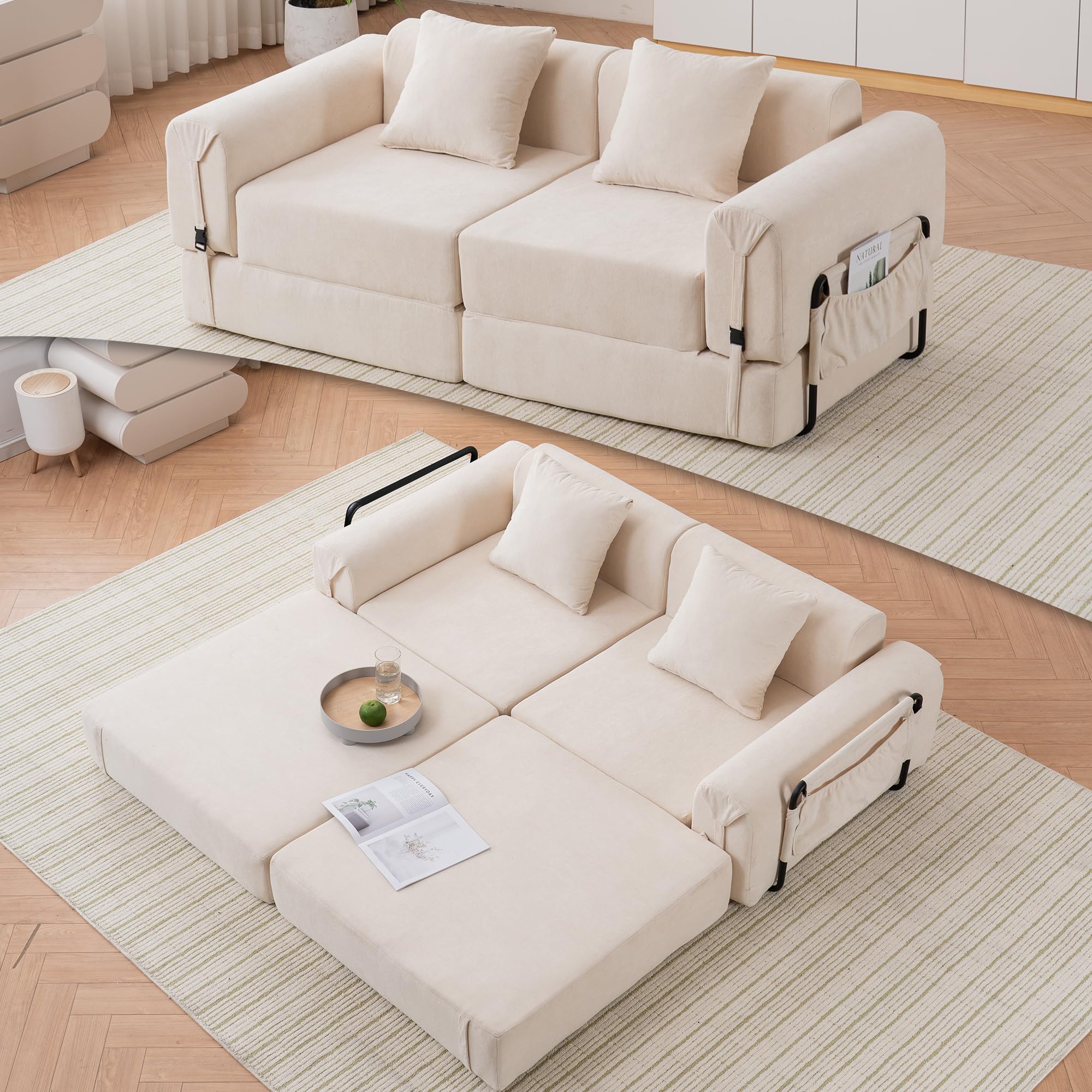 71.25" W Convertible Sectional Sleeper Sofa Bed, Comfy Fleece Foldable Loveseat Boneless Floor Lounge Couch Set for Living Room Apartment Office Bedroom Small Spaces