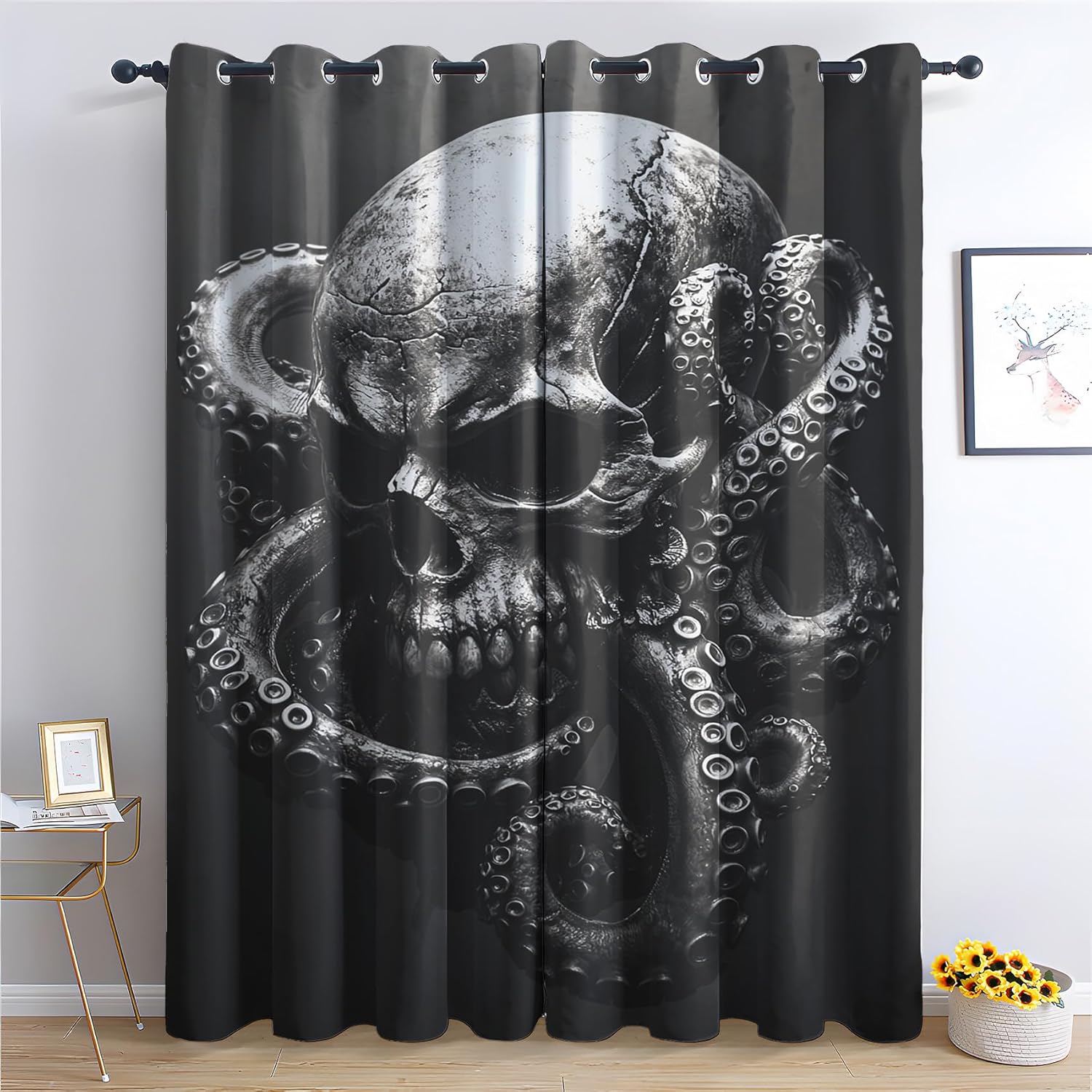 Grim Reaper Curtains for Bedroom, Gothic Blackout Curtains 54 Inch Length 2 Panels Set, Scary Spooky Window Curtains for Living Room Home Decor, Patterned Grommet Drapes