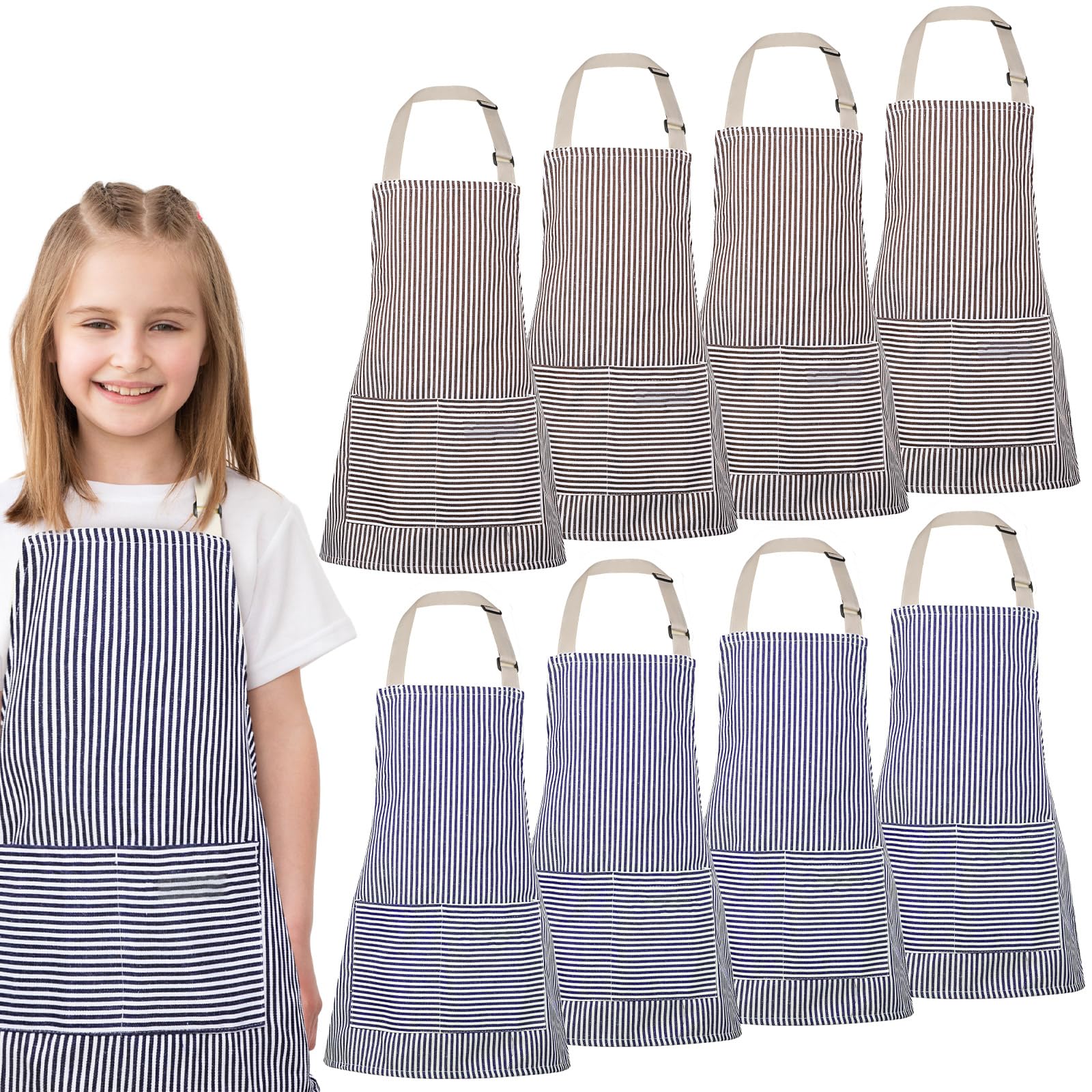 Newcotte Delantal de chef ajustable de algodón para niños y niñas, 8 piezas, con 2 bolsillos, delantal a rayas, delantales de cocina para niños y niñas, azul y marrón, Tiras grises y blancas, tiras