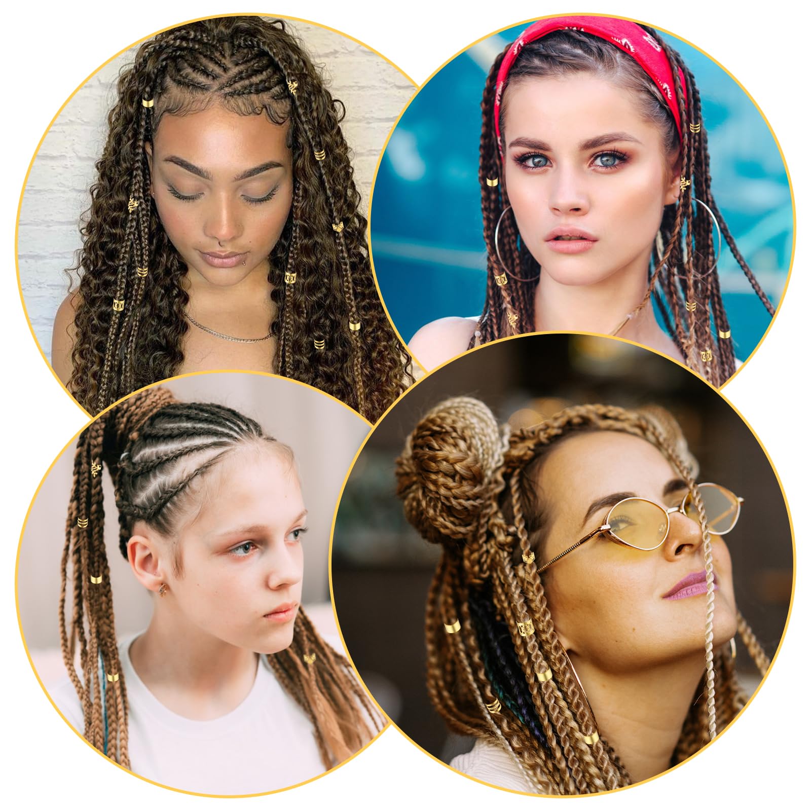 50 piezas de joyería dorada para el cabello para trenzas, accesorios Loc, joyería para rastas de cabello, anillos ajustables para el cabello, dijes para el cabello, joyería trenzada, cuentas 7