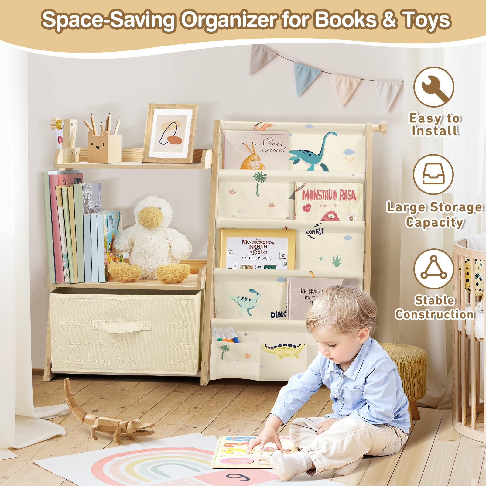 Libreria Montessori OOOK In Legno Massello – 4 Ripiani Libri, 2 Contenitori Giocattoli, 70x28x86 Cm