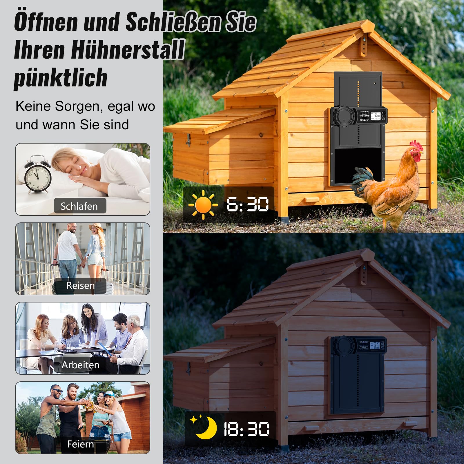 CHAMUTY Aluminum Automatische Hühnerklappe Batterie, Hühnerklappe Automatisch mit Wasserdicht Großes Display, Timer, Manuelle, Elektrische Hühnerklappe Hühnertür, Intelligenter Einklemmschutz, Schwarz